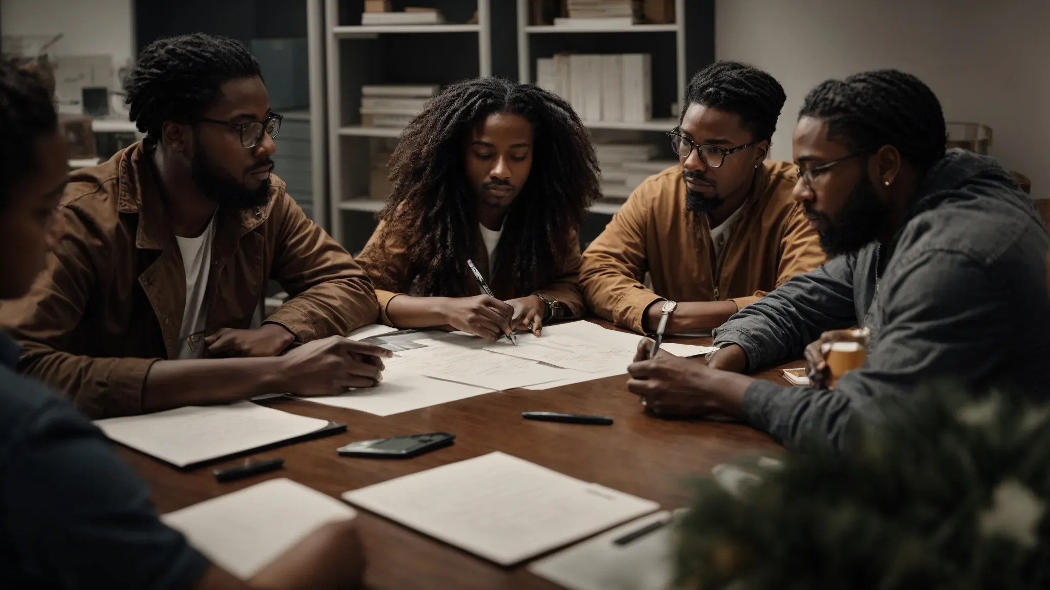 a group of diverse individuals gathers around a table filled with storyboards and creative notes, deeply engaged in a collaborative brainstorming session.