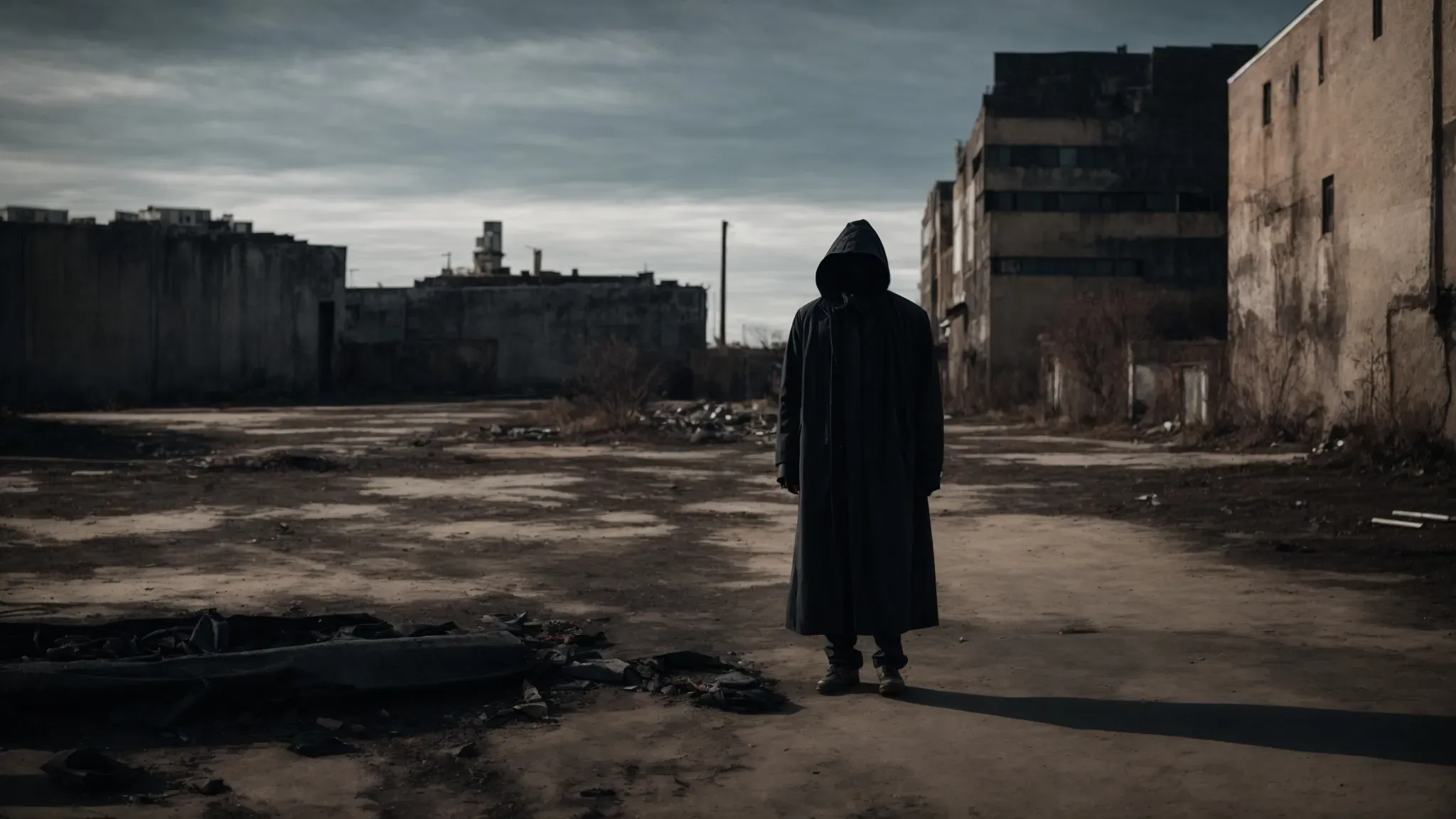 a shadowy figure stands amidst a decaying urban landscape, its body unnaturally twisted, reflecting a chilling fusion of human and unknown terror.
