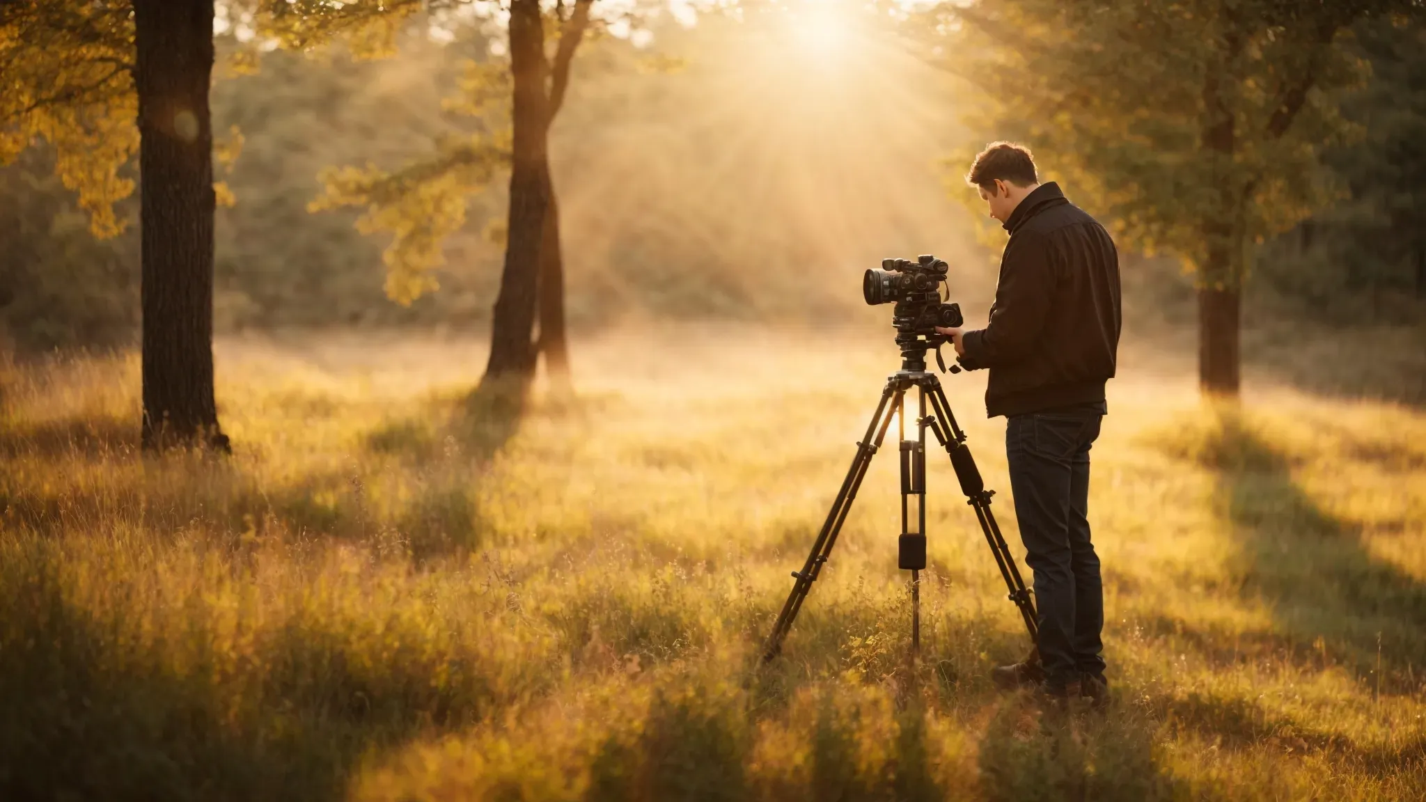 a filmmaker sets up a vintage camera on a tripod, capturing a scene bathed in natural sunlight.