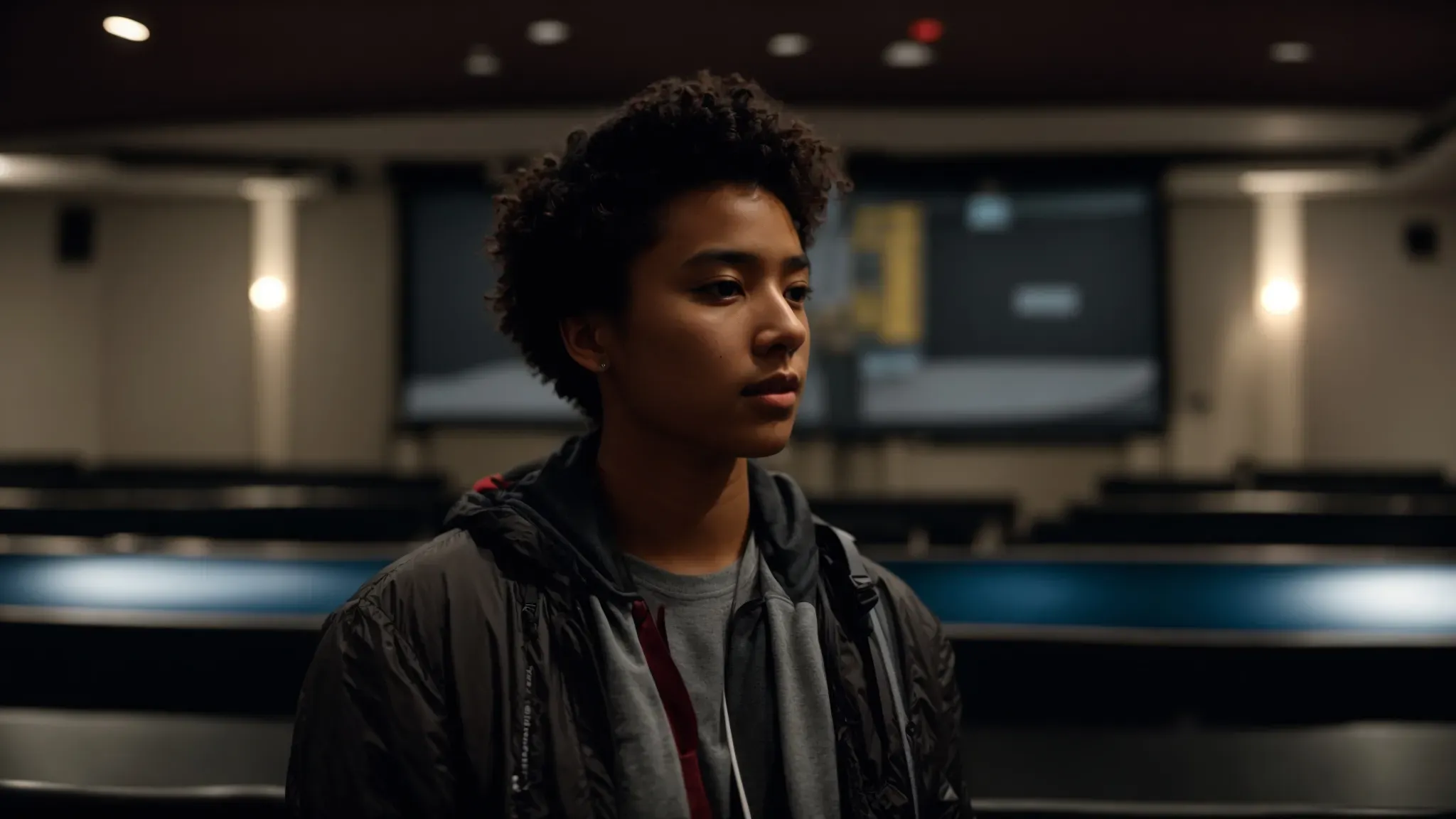 a film school student stands confidently beside a projector screen displaying scenes from their work in a dimly lit auditorium.
