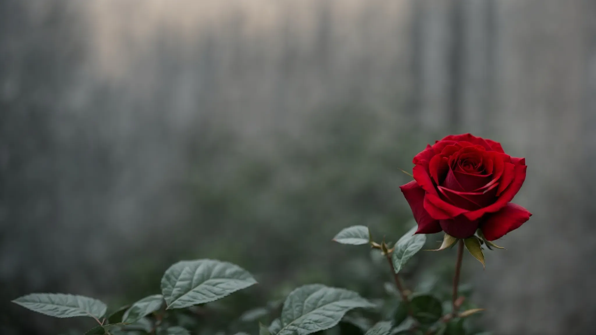 a single red rose juxtaposed against a drab, gray suburban backdrop, subtly hinting at both the beauty and bleakness interwoven in everyday life.
