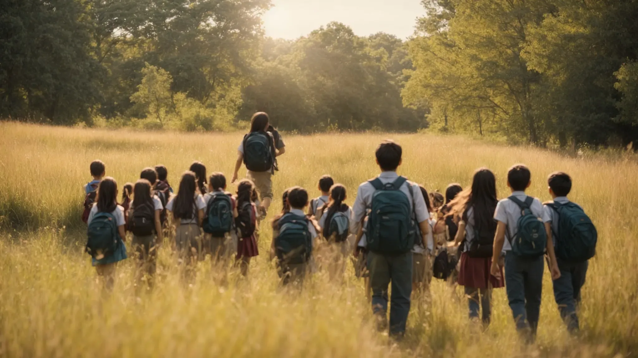 a teacher guiding a group of school children through a sunny field, with hidden, playful zombies lurking in the background.