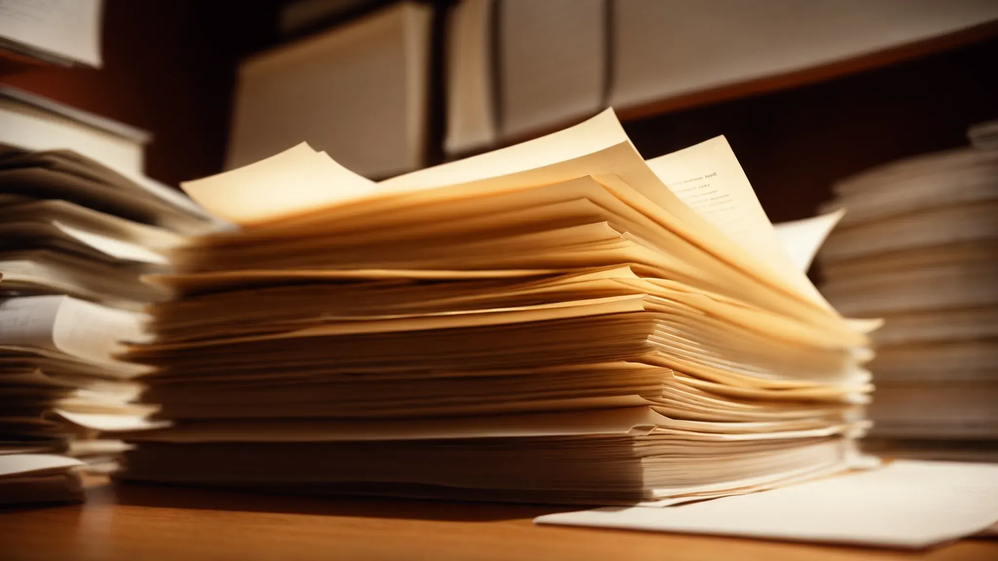 a neatly stacked pile of script pages sits on a playwright's desk, illuminated by the soft glow of a desk lamp.