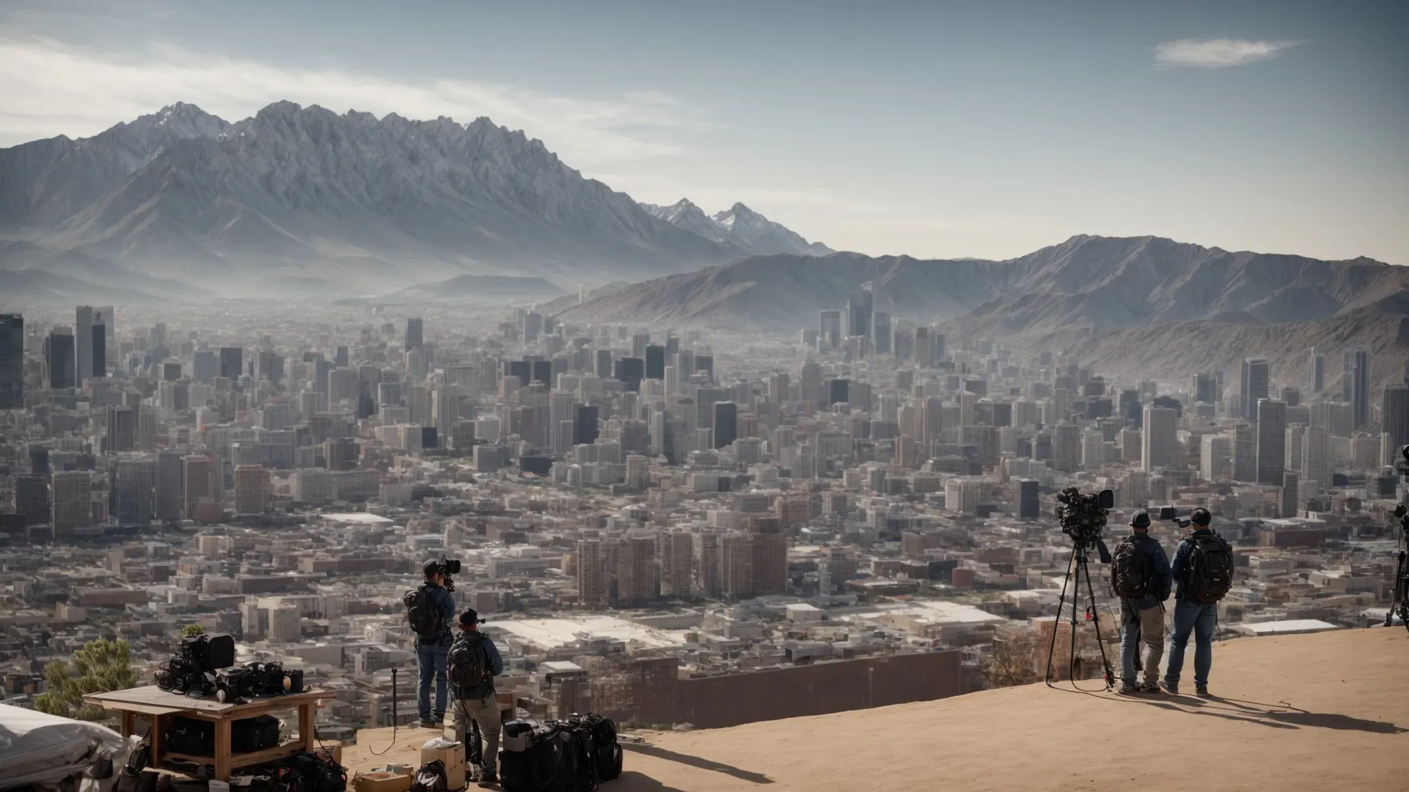 a production crew evaluates an expansive city skyline and a rugged mountain range for their commercial shoot.