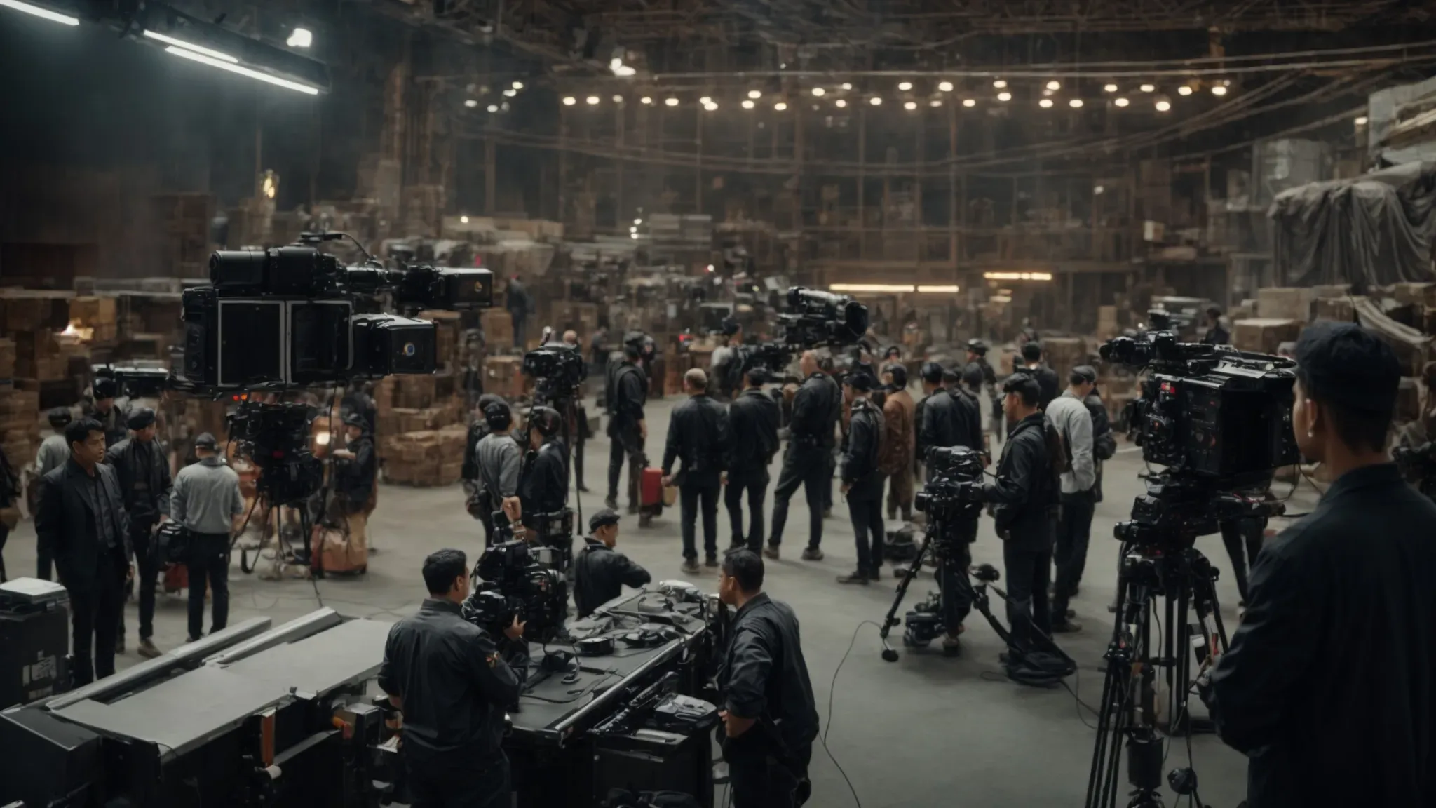 a bustling film set with a sprawling, intricate set design and a director overseeing a large team amidst high-tech equipment.