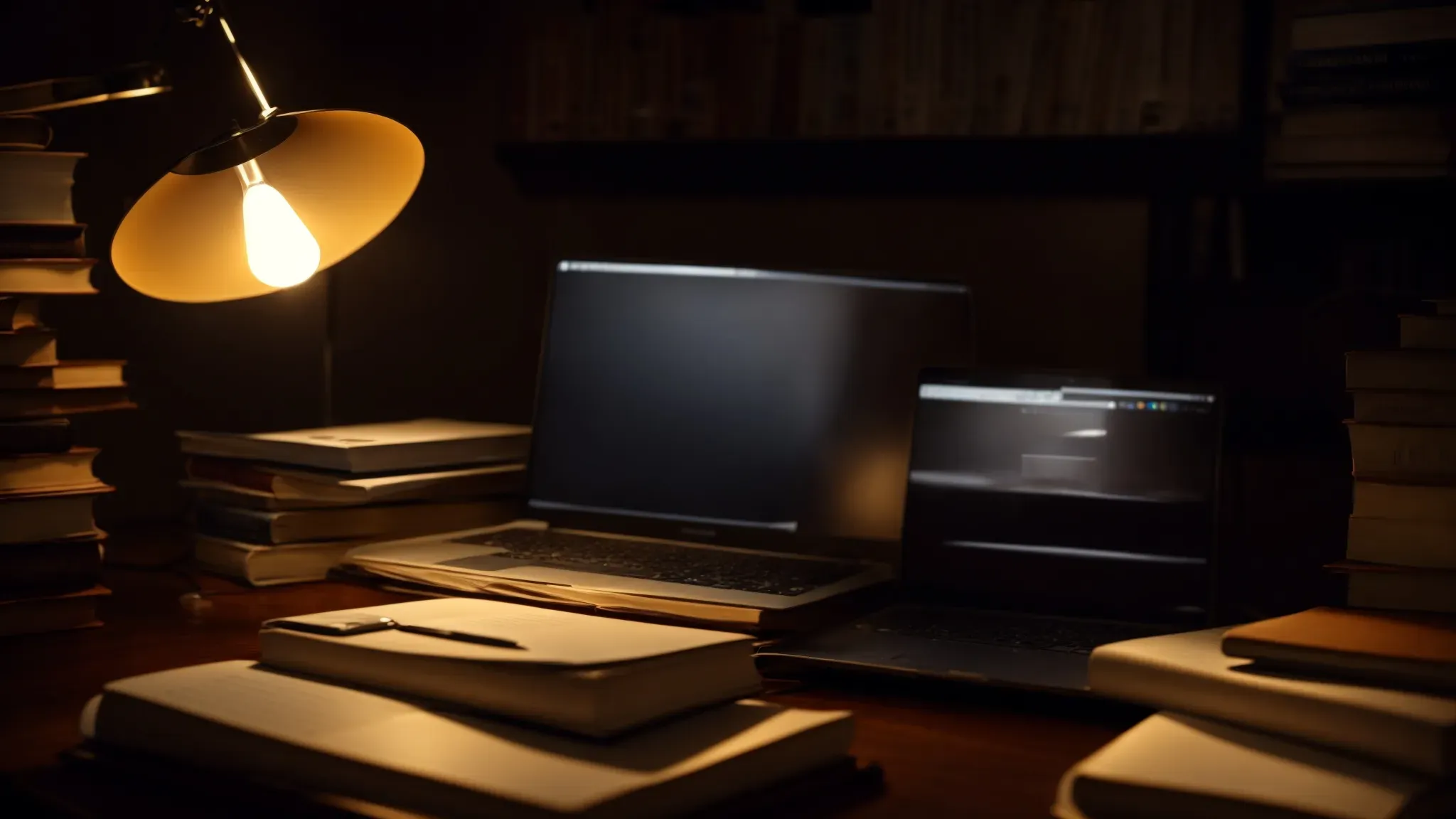 an open laptop sits beside a stack of books and a notepad filled with notes, illuminated by a softly glowing desk lamp in a quiet, dimly lit room.
