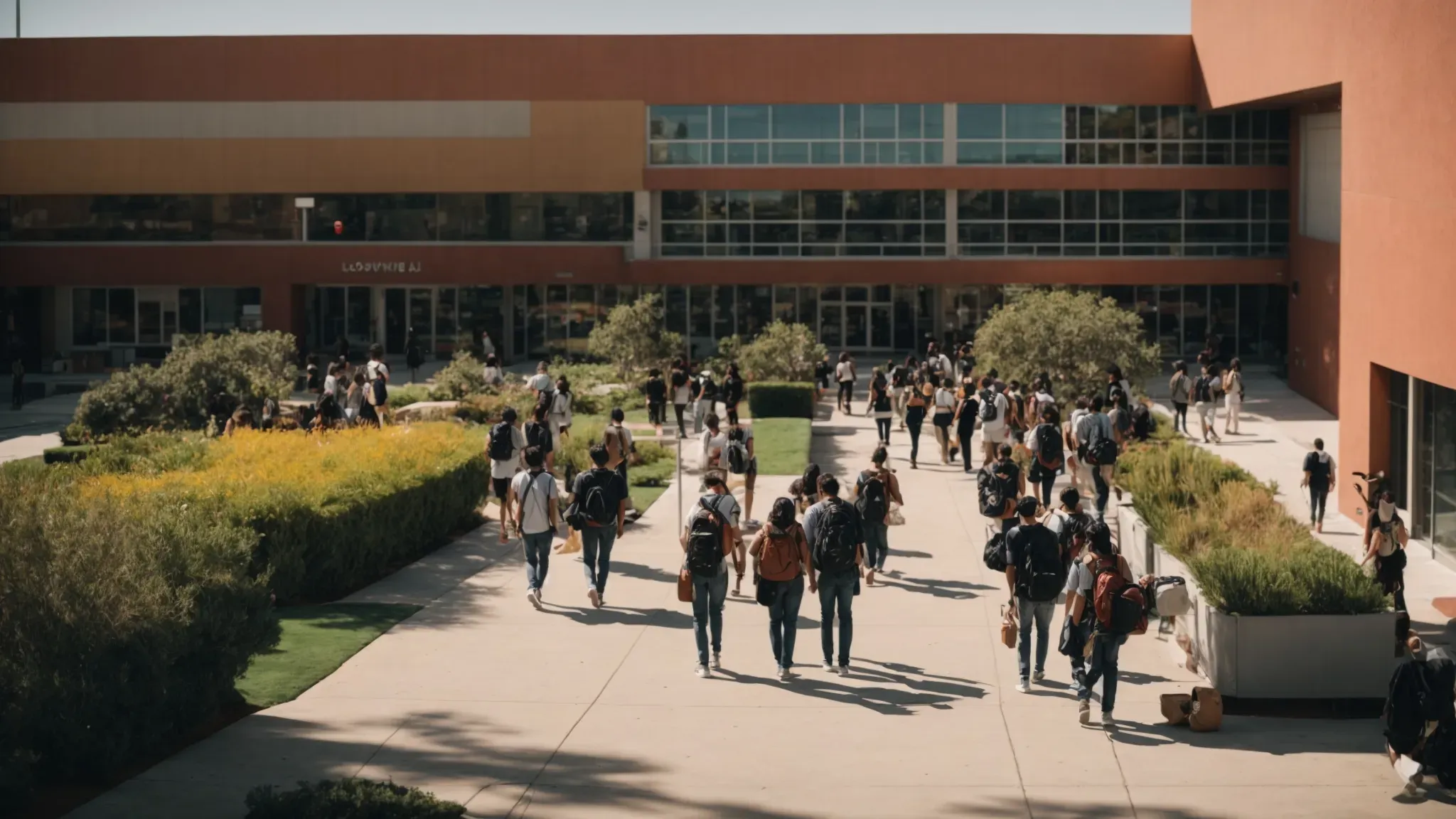 a bustling campus of a film school in los angeles with students walking between buildings under the bright california sun.