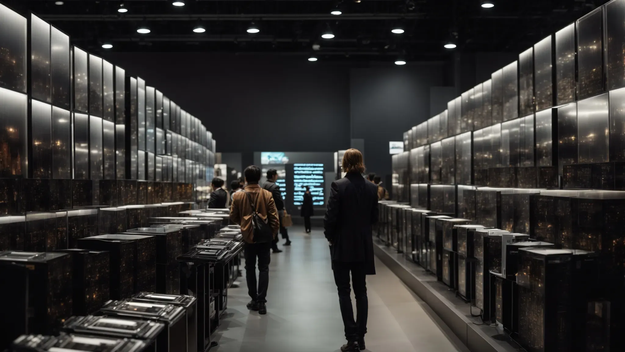 a professional peruses rows of projection equipment, engaging with knowledgeable vendors in a well-lit exhibition hall.