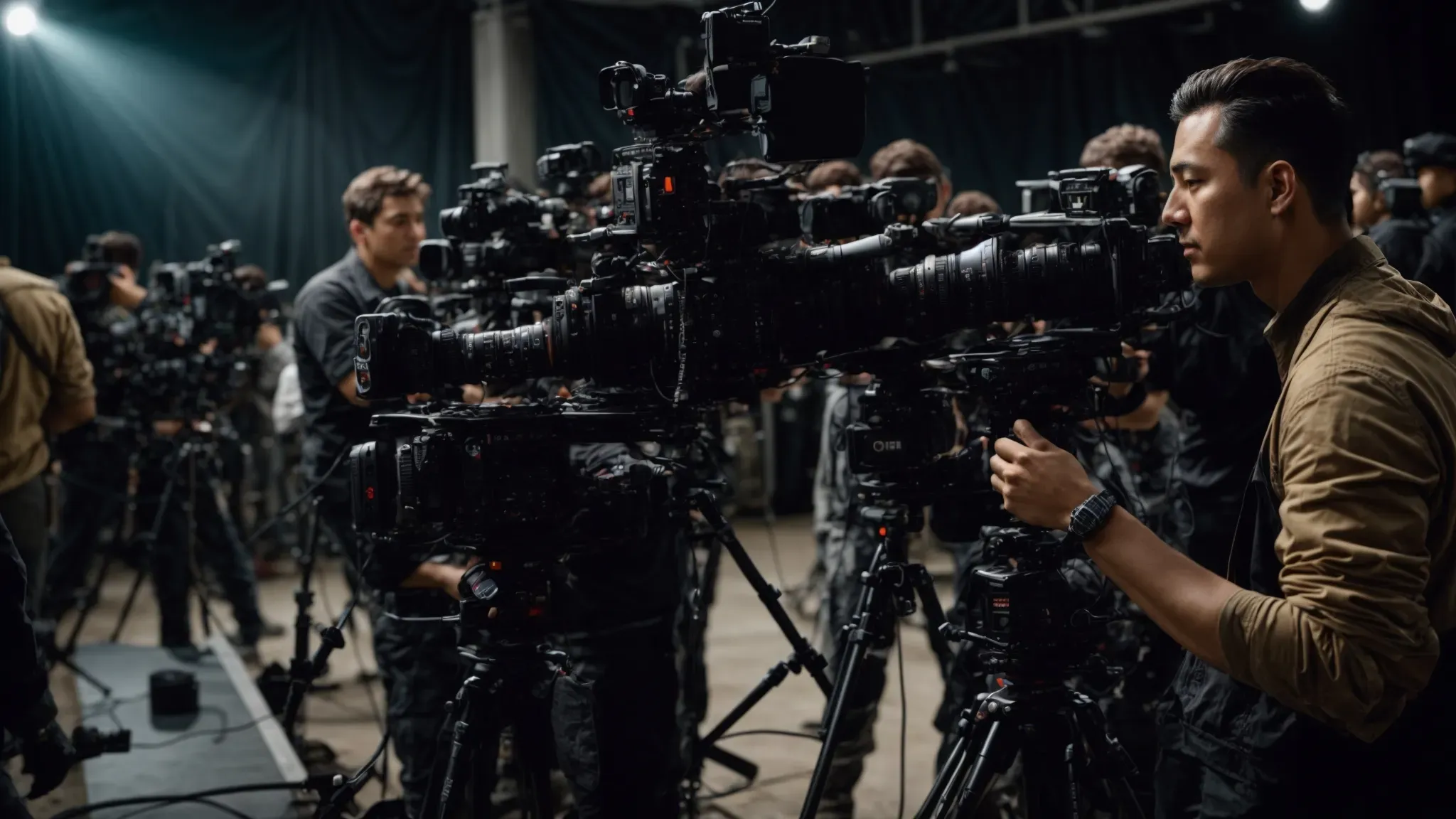 a bustling film set where crew members are focused and actively engaged in their specific roles amidst cameras and lighting equipment.