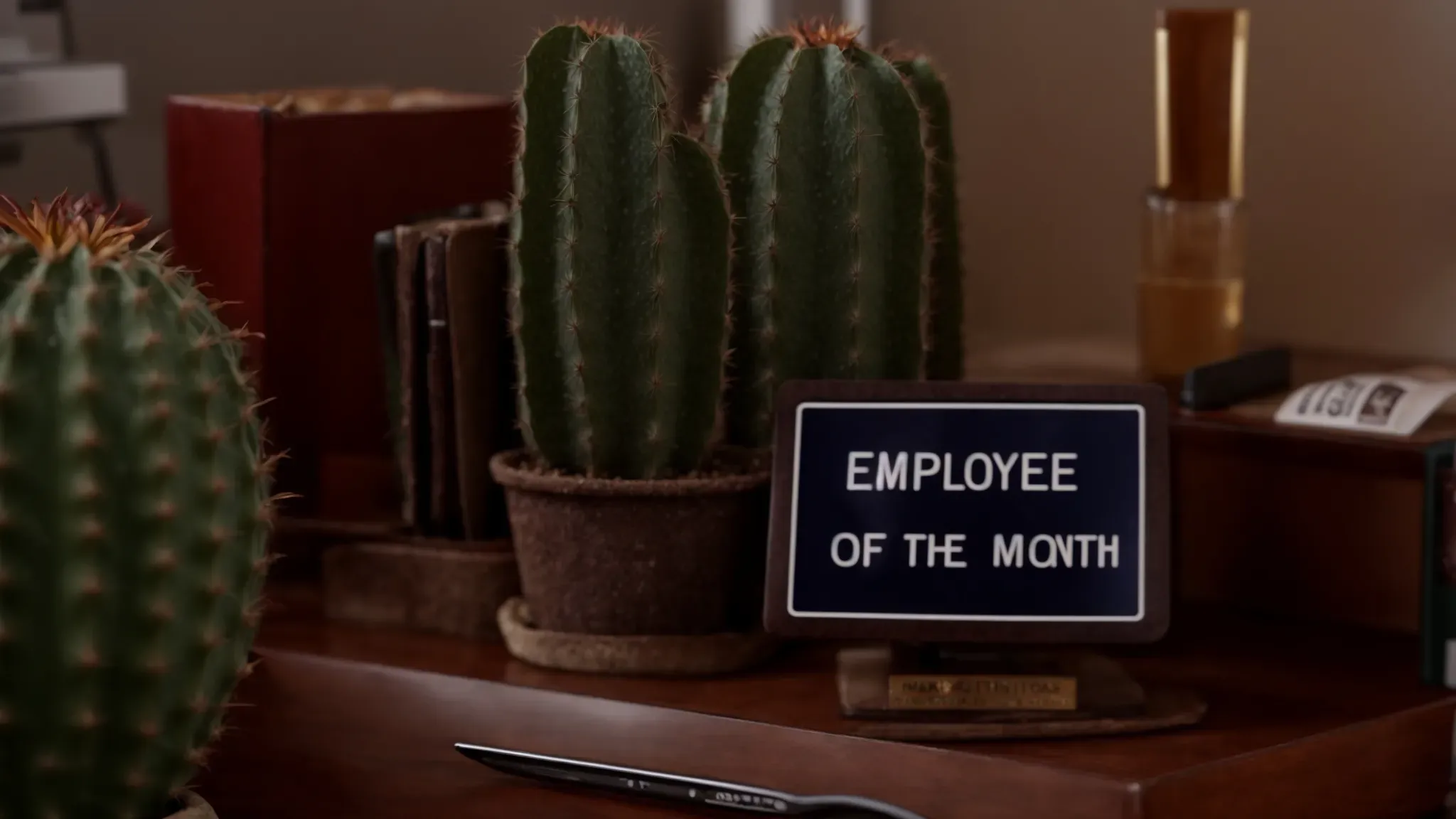 a cluttered office desk with an