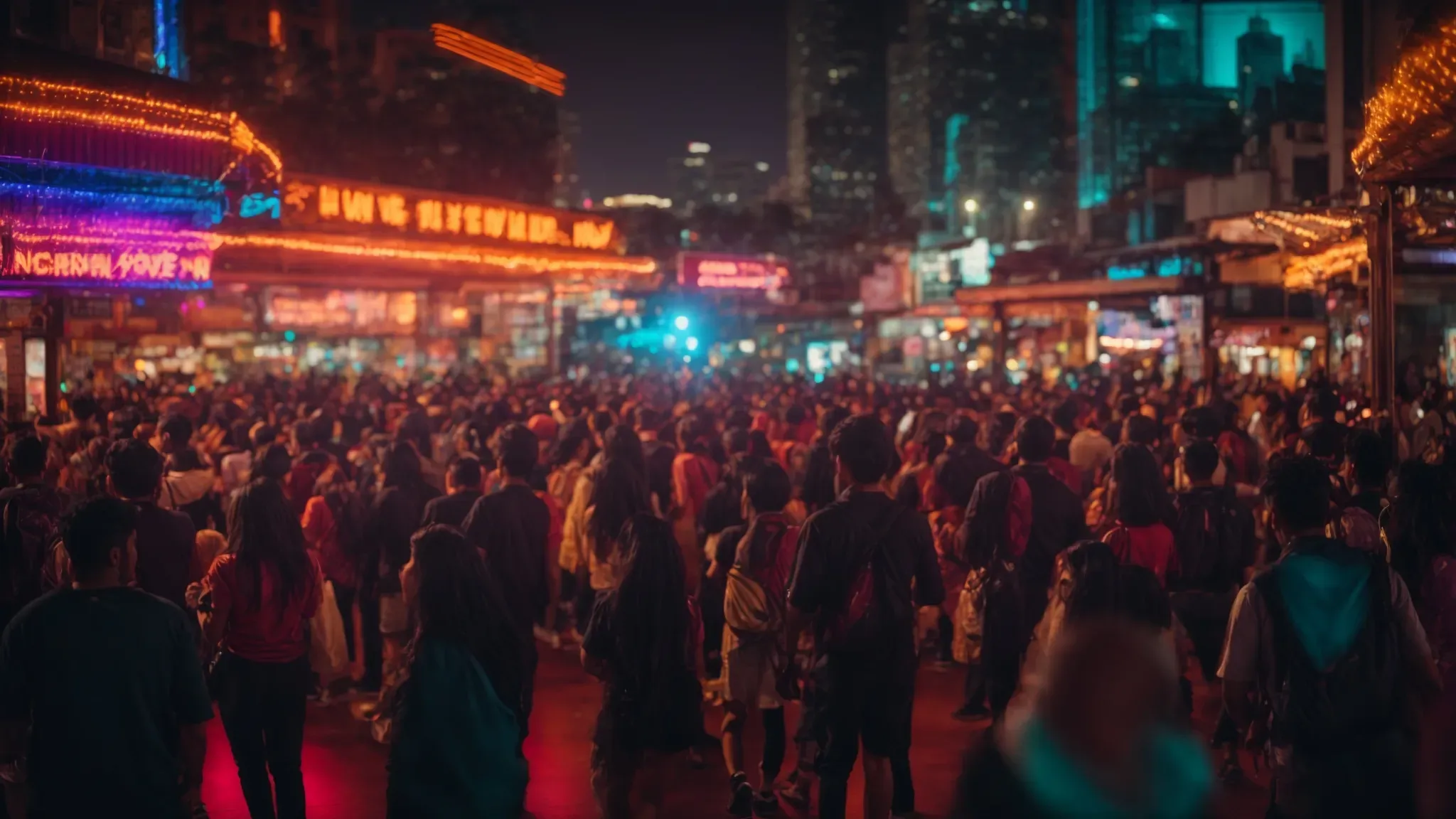 a crowd of diverse people dancing enthusiastically in a vibrant, animated cityscape at night, with neon lights illuminating their joyful expressions.