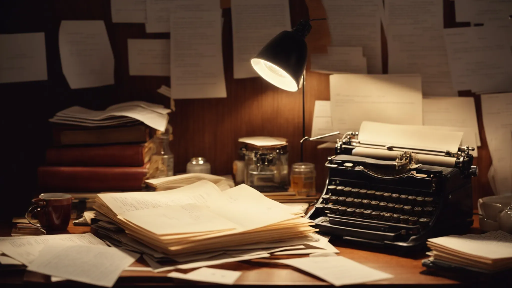 a cluttered desk illuminated by a single lamp, covered with scattered pages of script drafts and a vintage typewriter at the center.