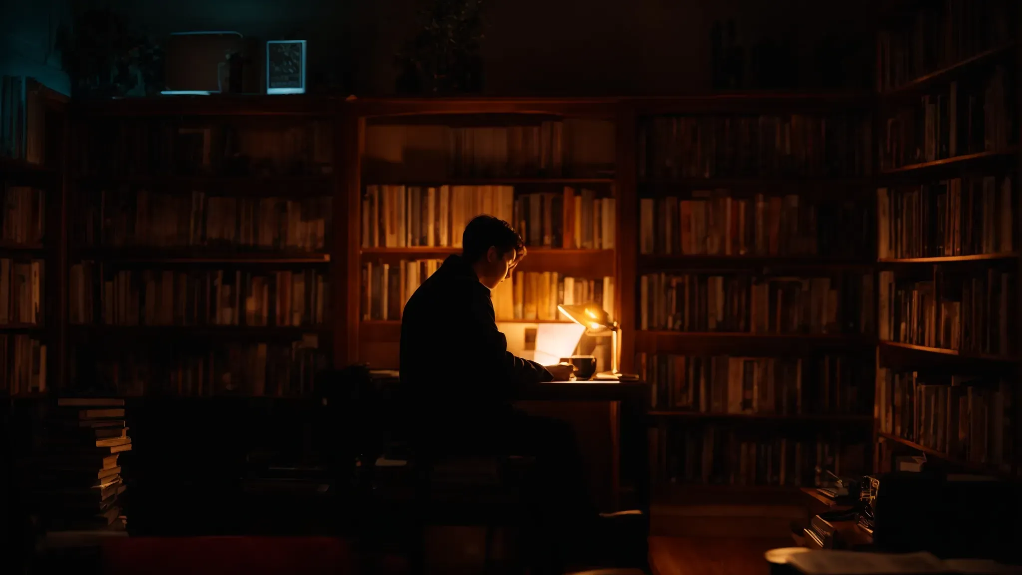 a person sits alone in a dimly lit room, surrounded by books and a glowing computer screen, deeply immersed in writing.