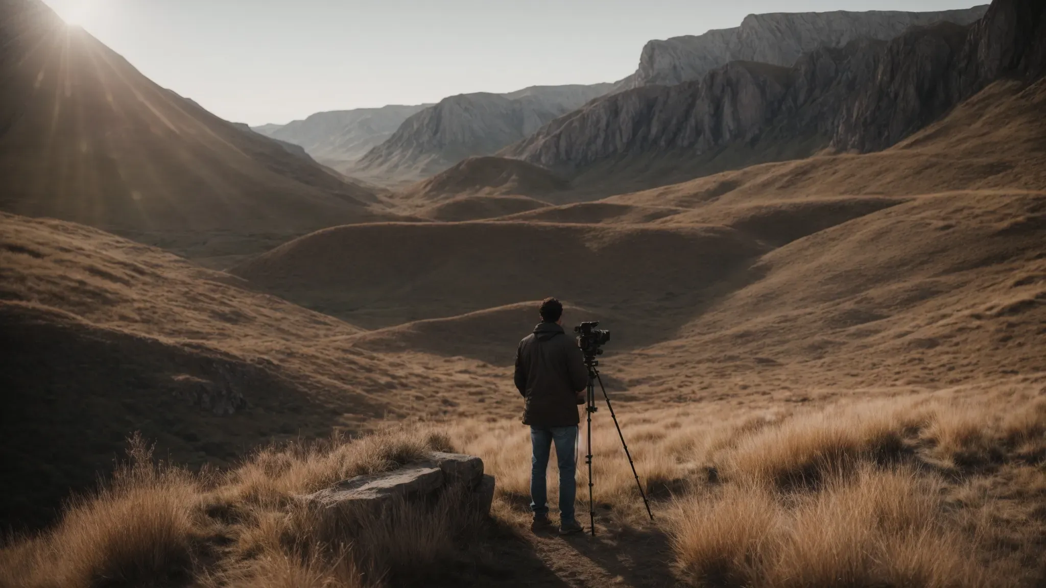 a visionary filmmaker overlooks a vast film set, contemplating the creative journey ahead.