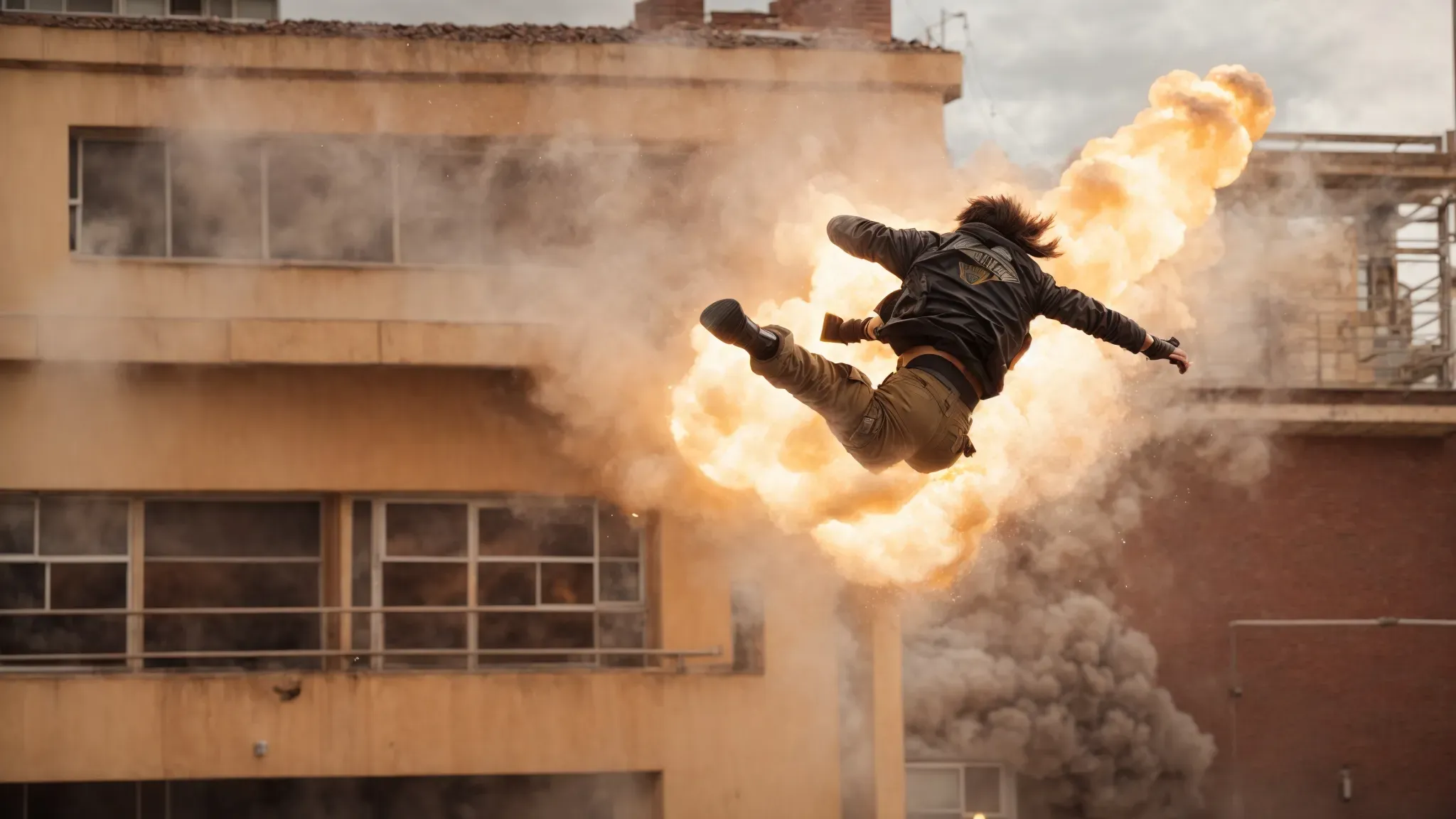 a stunt performer leaps from a building, with an explosion illuminating the background.