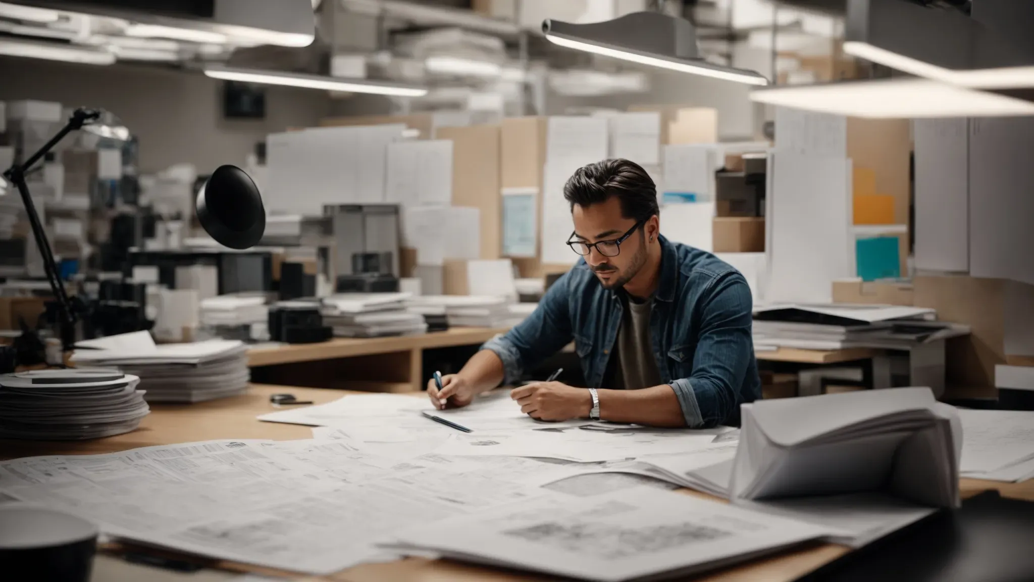 a storyboard artist sketches scenes while surrounded by budget plans and location photographs on a bustling pre-production office table.