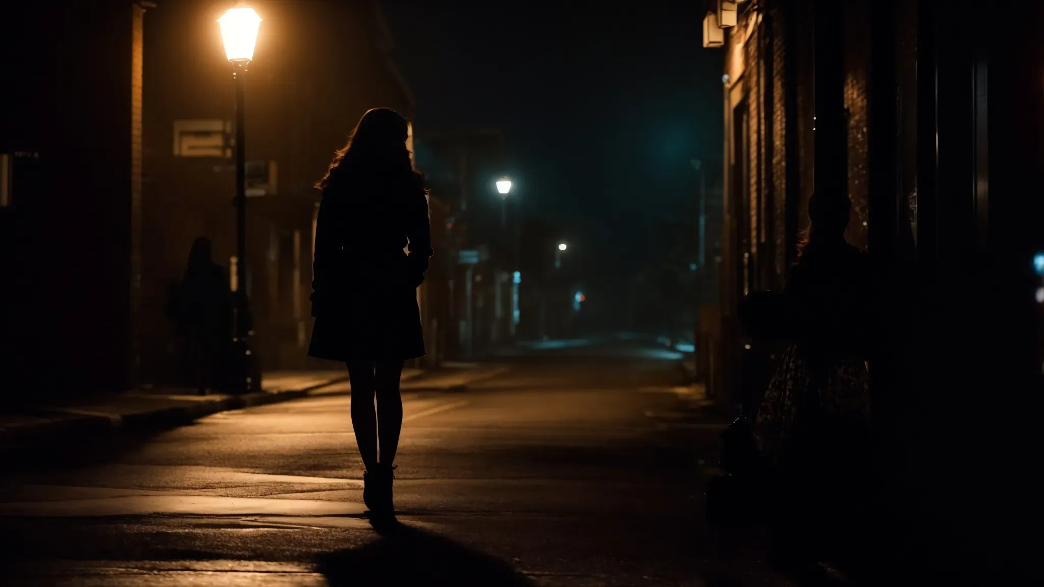 a shadowy figure of a woman stands at the edge of a dimly lit street, her silhouette bathed in the glow of a nearby streetlamp, encapsulating the mysterious allure of the femme fatale.
