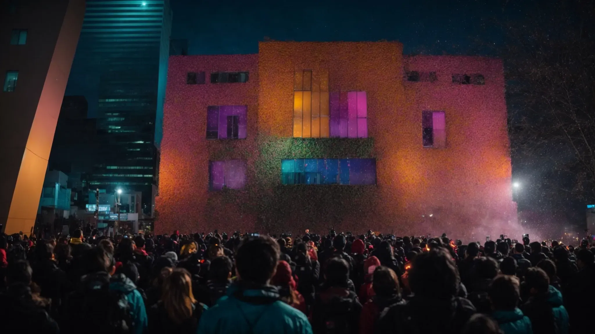 a media artist projects colorful abstract visuals onto a large building at night, captivating a crowd of onlookers.