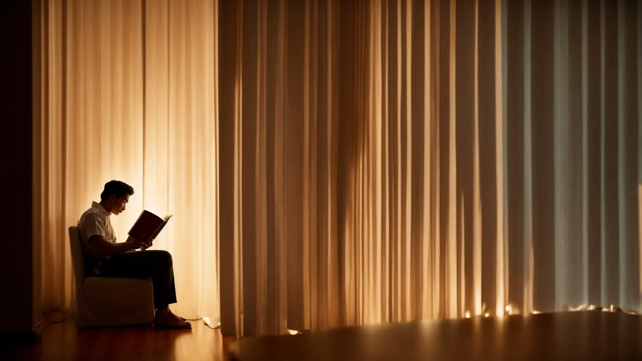 a person sits alone, deeply engrossed in a thick novel under the soft glow of a table lamp, the shadows around them hinting at a world beyond the pages.
