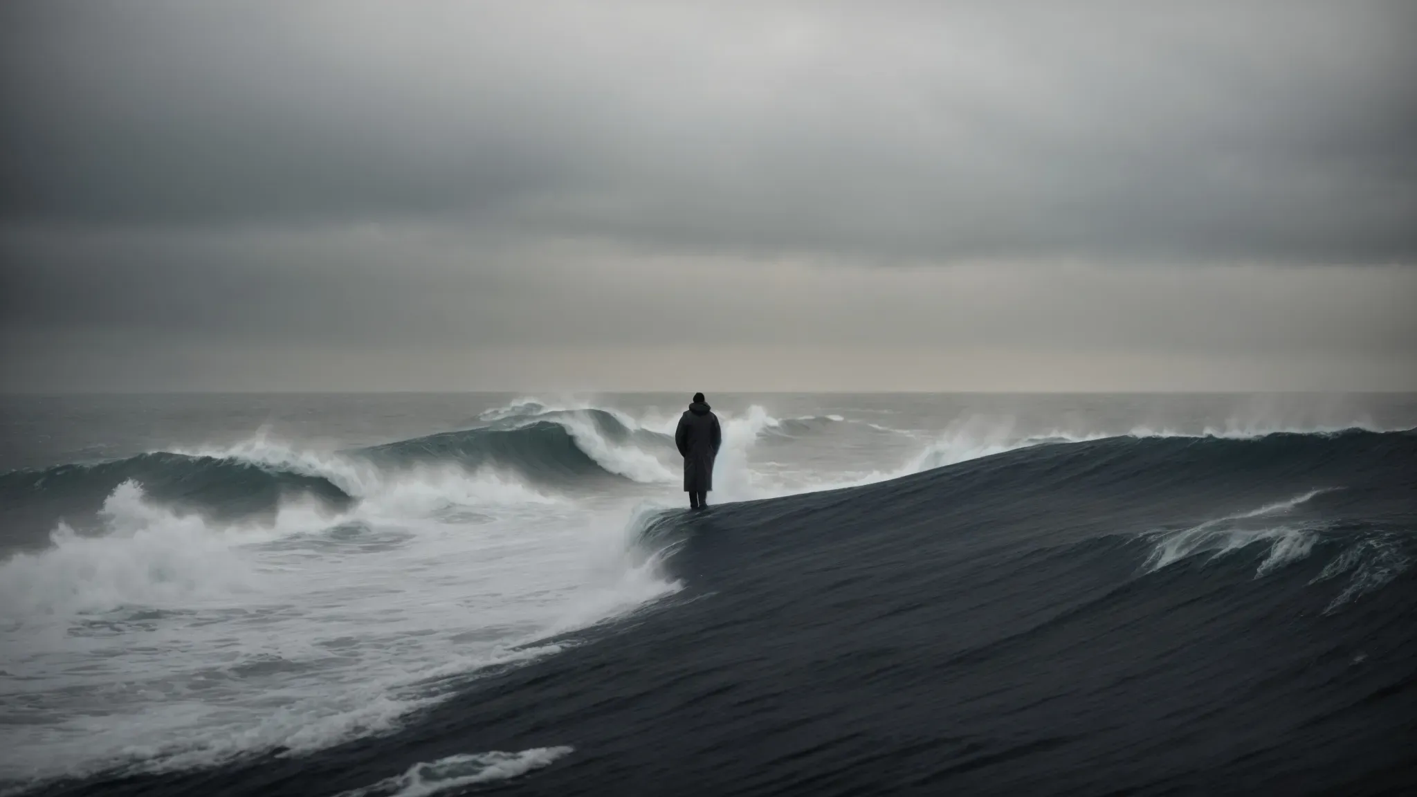 a solitary figure stands before a vast, tumultuous ocean, symbolizing the perseverance through challenges and introspection.