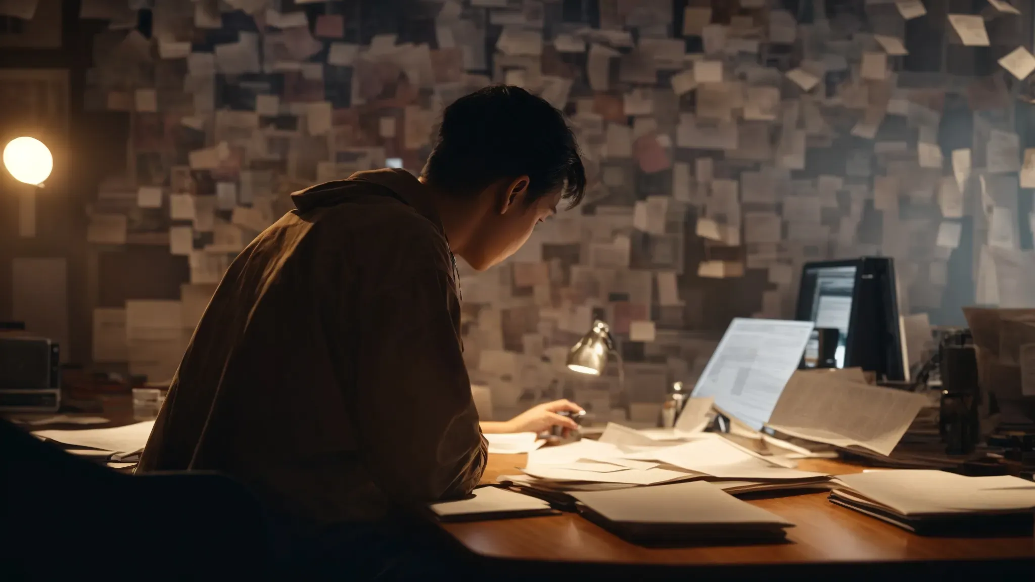 a person sits at a desk, surrounded by scattered papers and a glowing computer screen, immersed in thought.