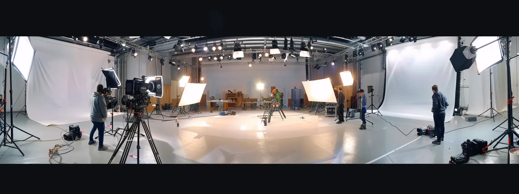 a film crew setting up cameras and lights in a spacious studio.