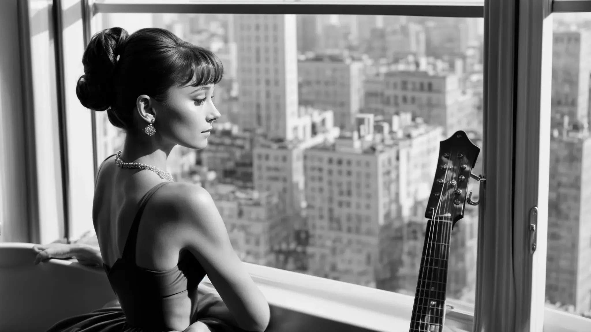 a black and white image of audrey hepburn leaning out of a large apartment window, gazing thoughtfully at the cityscape, with a guitar resting beside her.