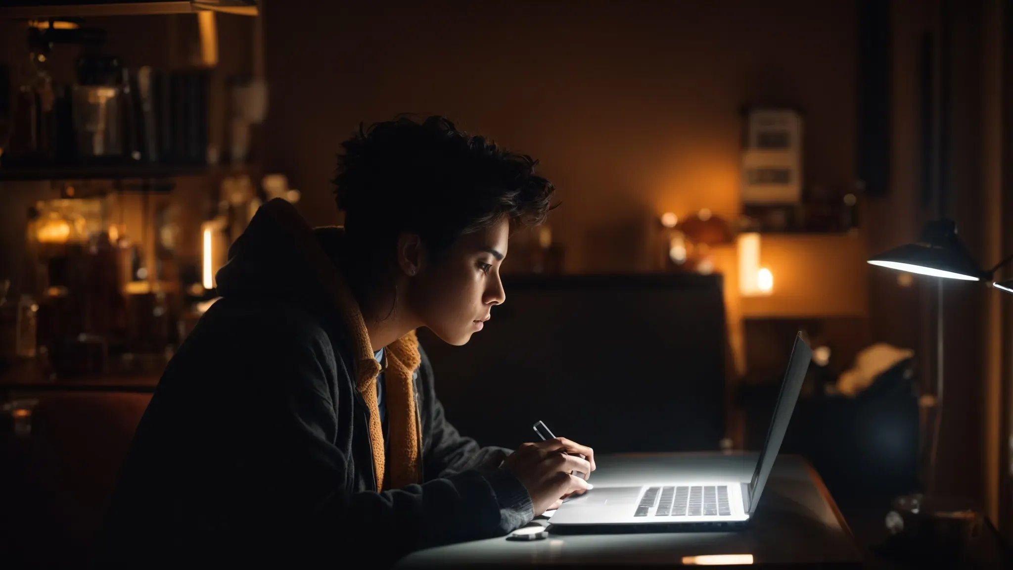 a young filmmaker sits immersed in the soft glow of a laptop screen, reading a captivating blog post in a dimly lit, cozy room.