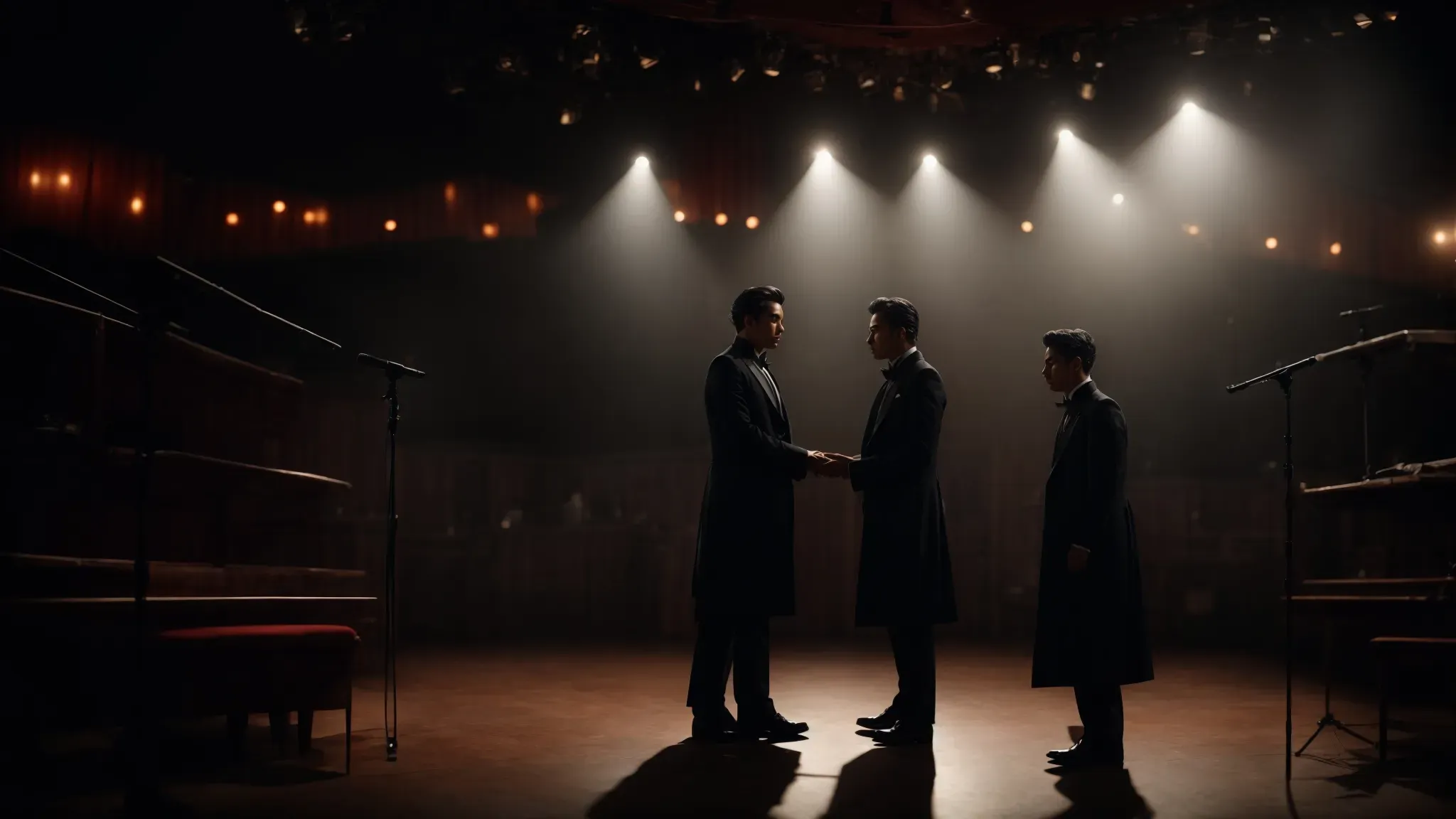 two magicians stand on opposite sides of a dimly lit stage, tension palpable in the air between them, each poised to unveil their next bewildering trick.