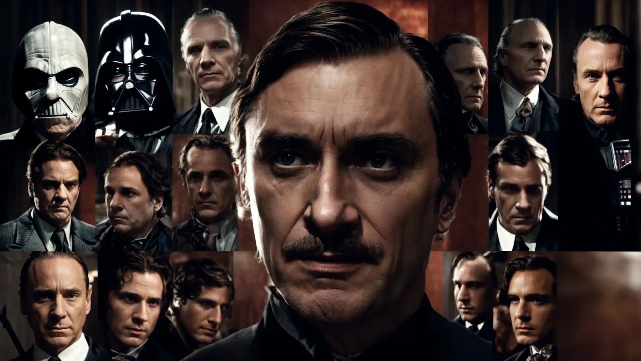 a collage showcasing iconic moments, like darth vader's commanding presence, joker's menacing smile, hannibal lecter's intense gaze, norman bates looming eerily, lord voldemort raising his wand, and hans gruber's calculating look.