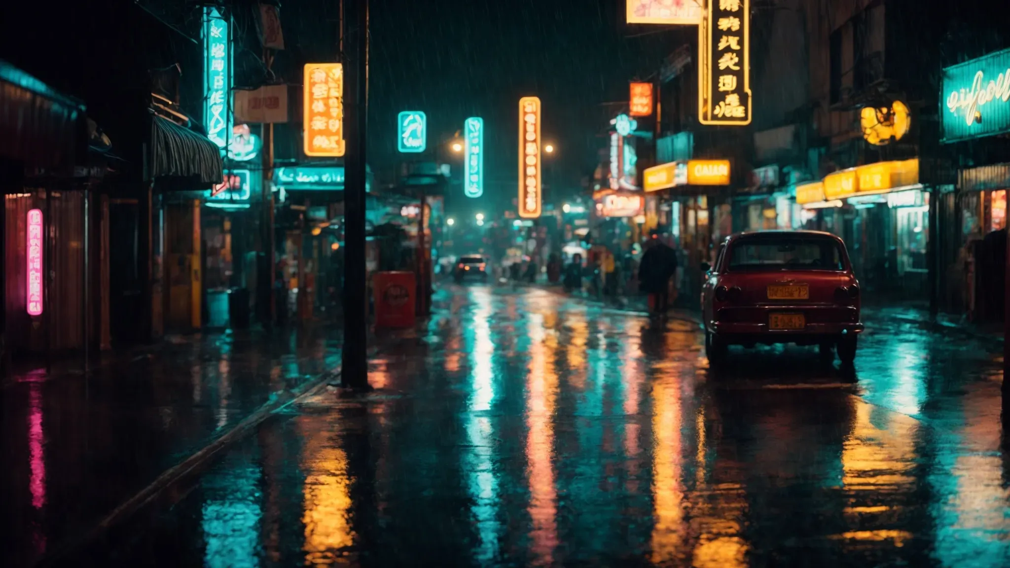 a dimly lit, rain-soaked city street at night, cast in the glow of neon signs.