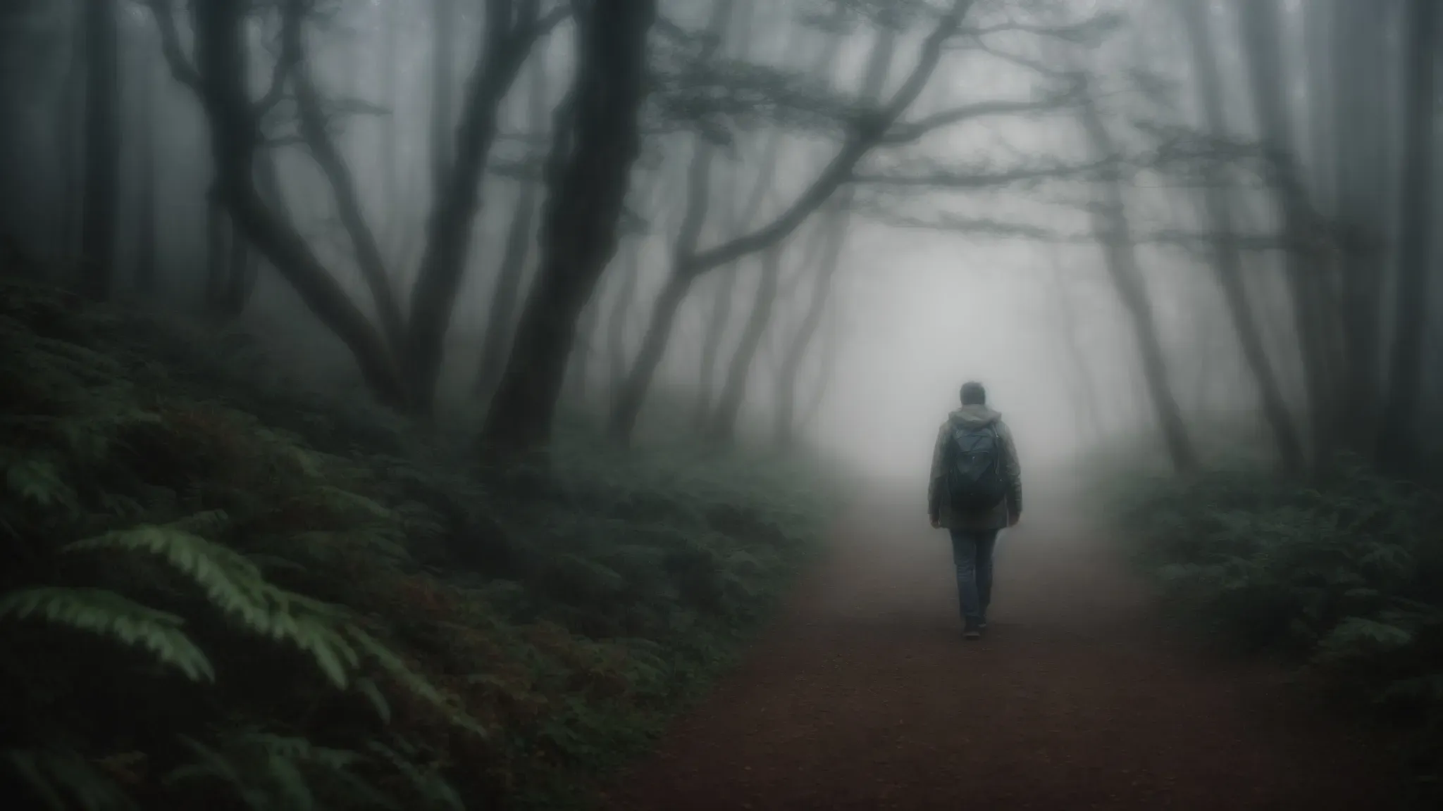 a person walking alone on a foggy path through a dense forest, providing an immersive and mystical perspective.