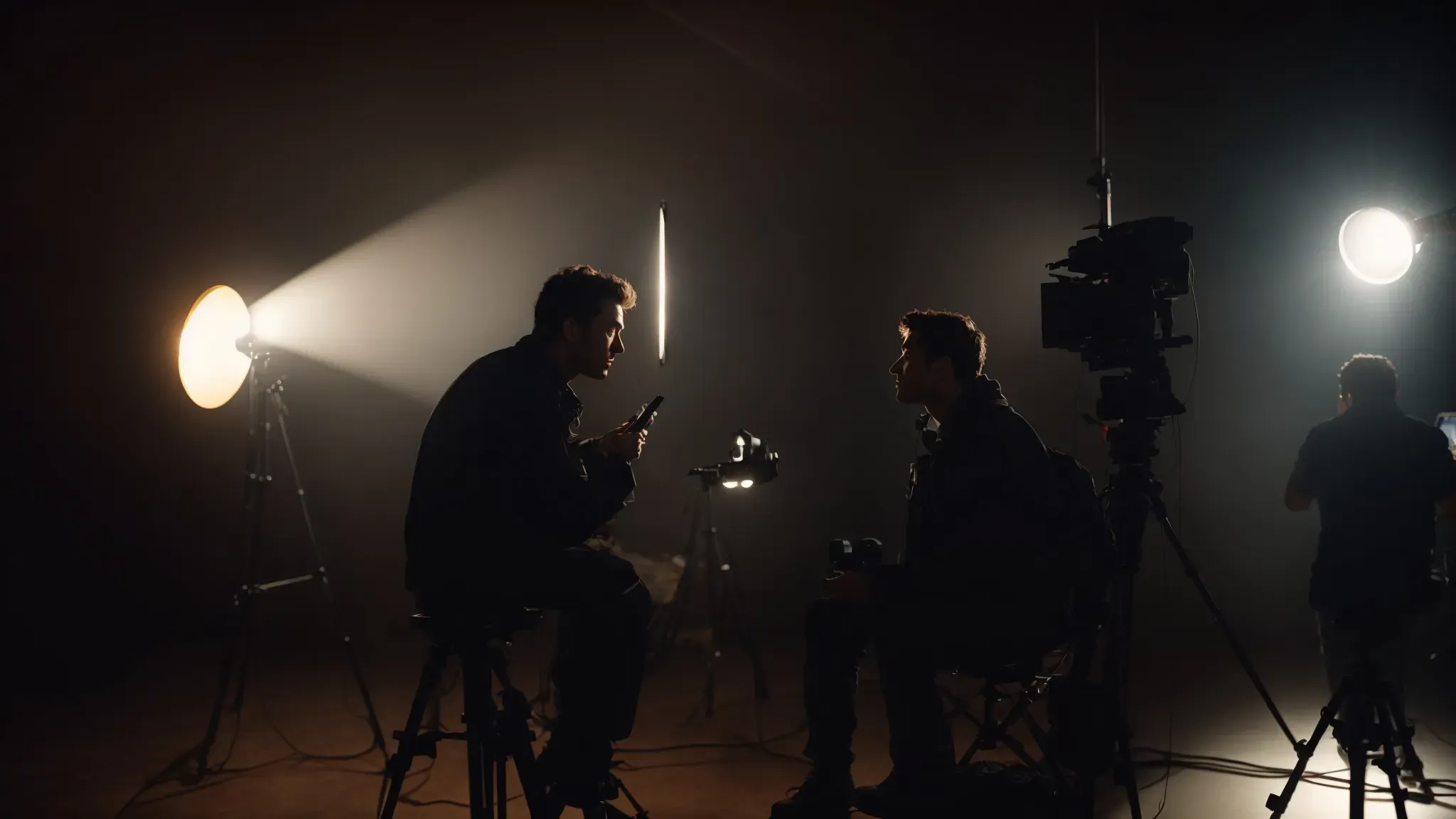 a filmmaker adjusts a three-point lighting setup around an actor on a dimly lit set, casting dramatic shadows.