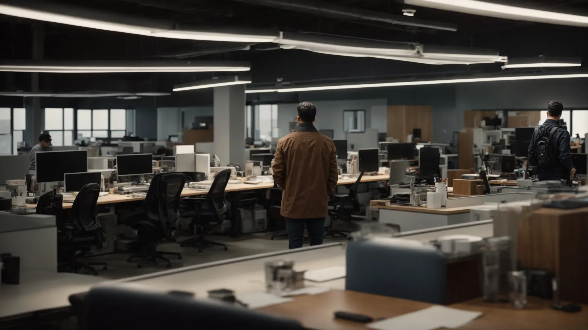 a creative director stands overlooking a collaborative workspace where multiple teams work on a project.