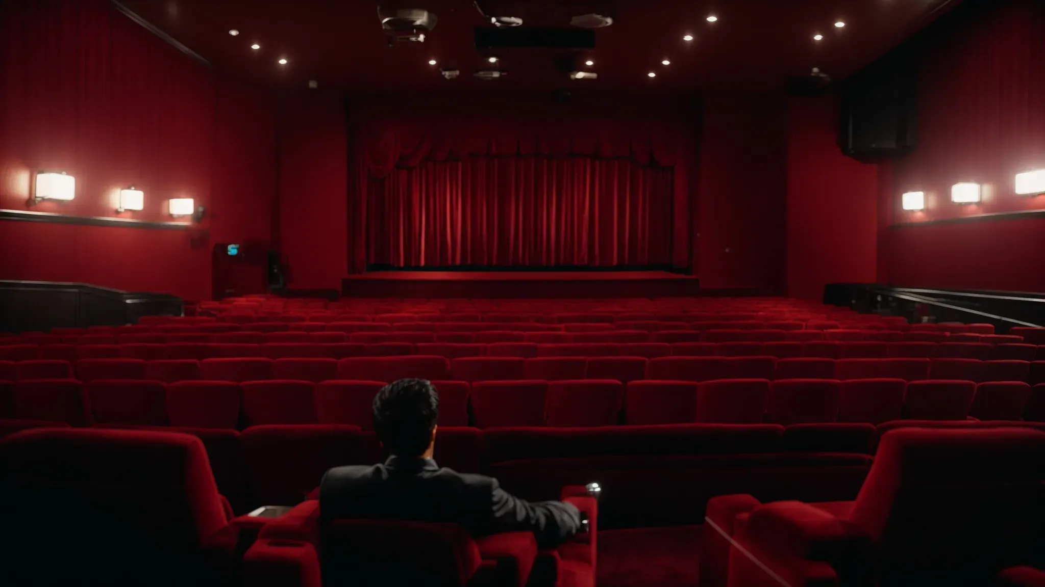 a dimly lit, vintage movie theater with plush red seats, filled with captivated viewers, gazing towards the glow of a majestic screen unveiling a cinematic masterpiece.