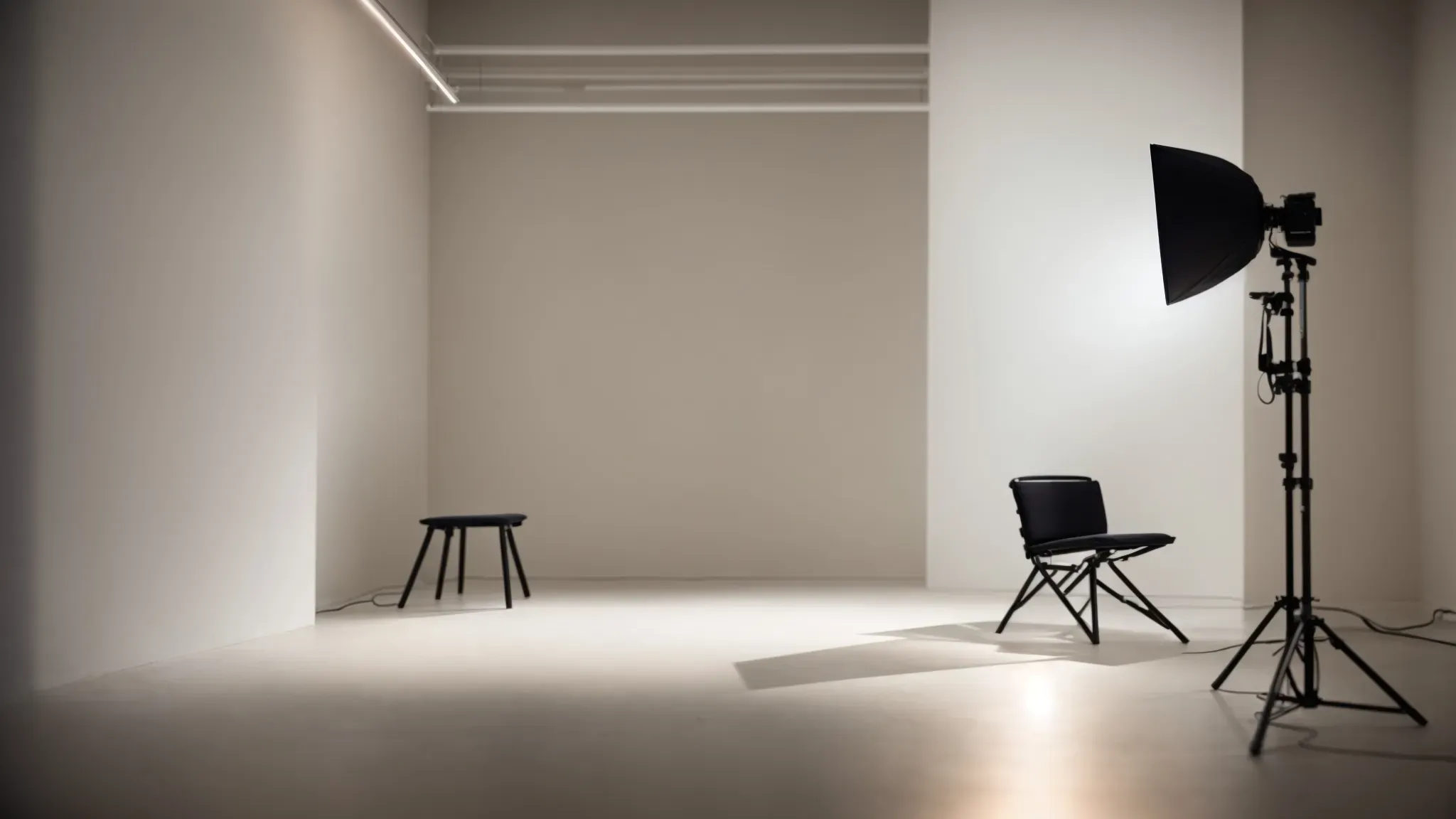 a camera mounted on a tripod stands in an empty room, pointing towards a chair set against a plain backdrop, illuminated by a softbox light.