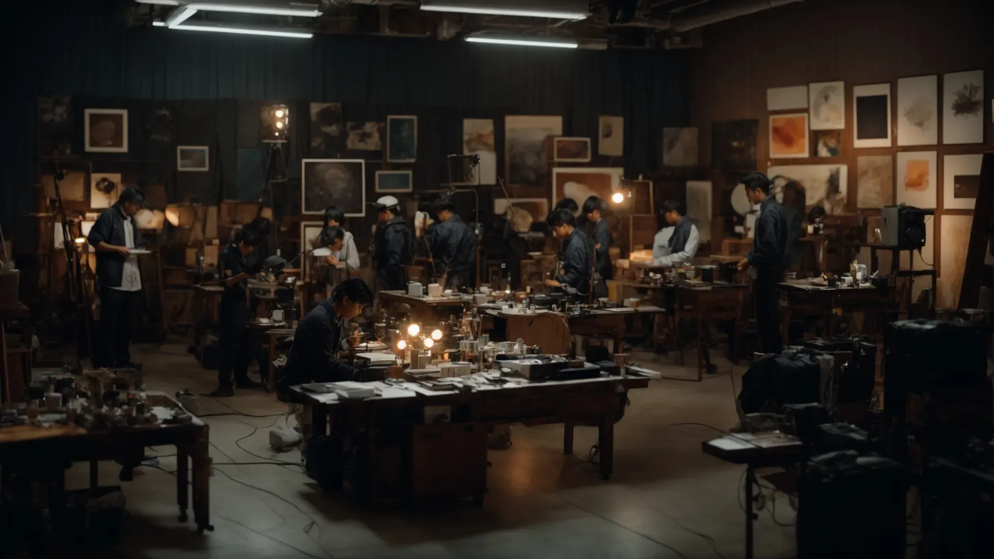 a diverse array of artists gather in a dimly lit studio, surrounded by canvases and film equipment, immersed in creative collaboration.