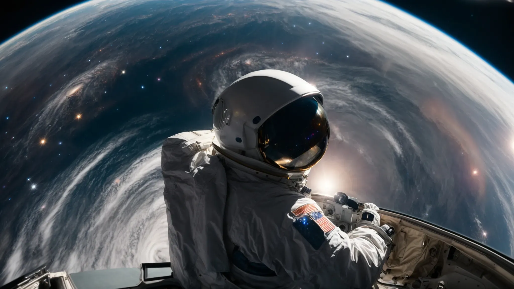 a vast galaxy swirls in the backdrop as a lone astronaut peers into the cosmic vista from the spacecraft window.