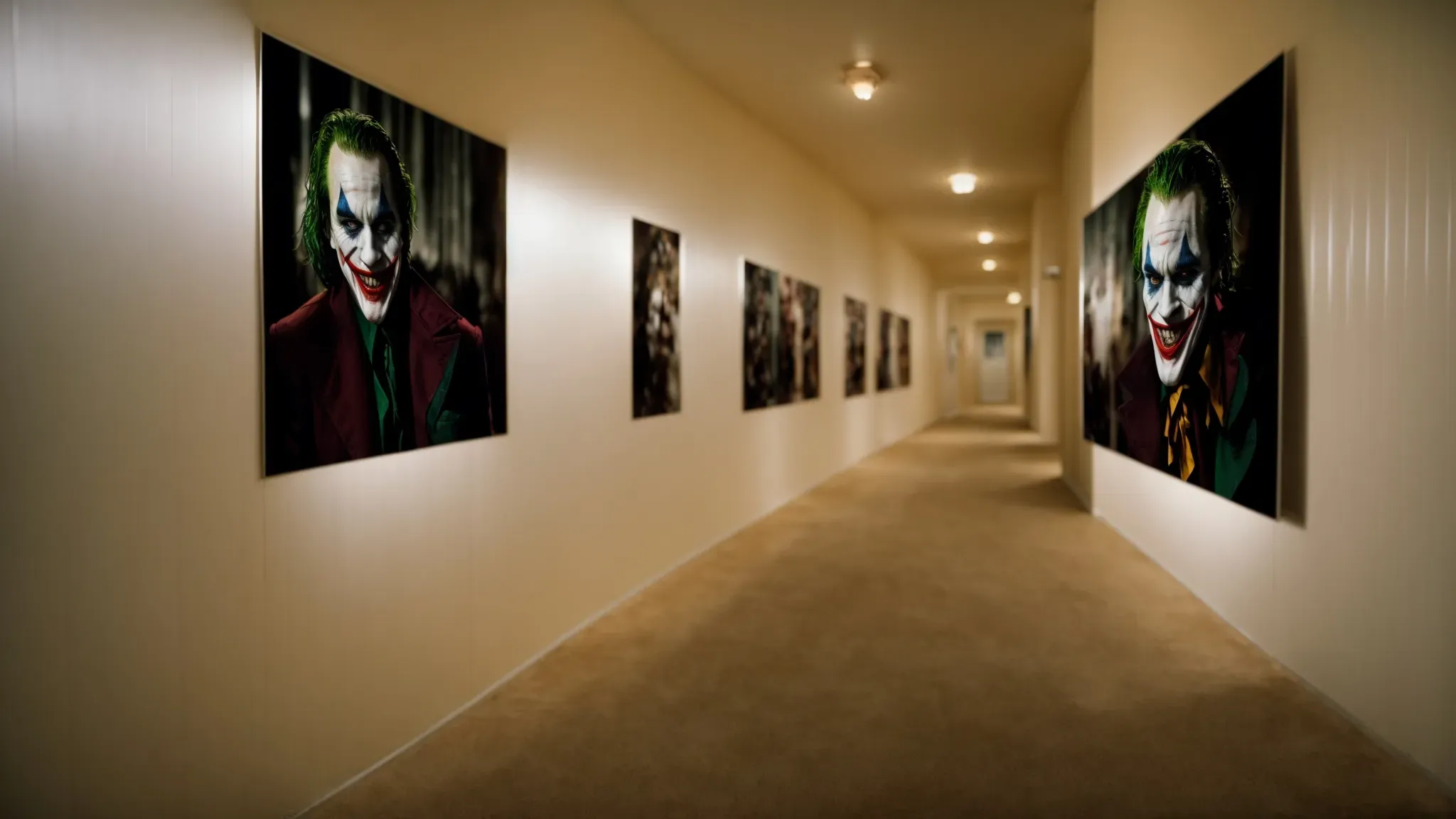 a row of movie posters featuring various actors as the joker, each frozen in a maniacal laugh, lines a dimly lit hallway, the eerie glow casting shadows across the floor.