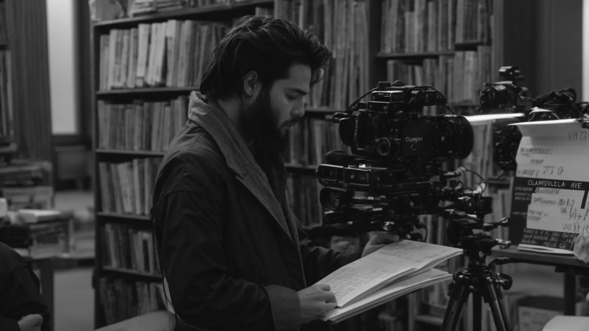a director carefully writes on a clapperboard before a film take, surrounded by the focused gaze of the crew.