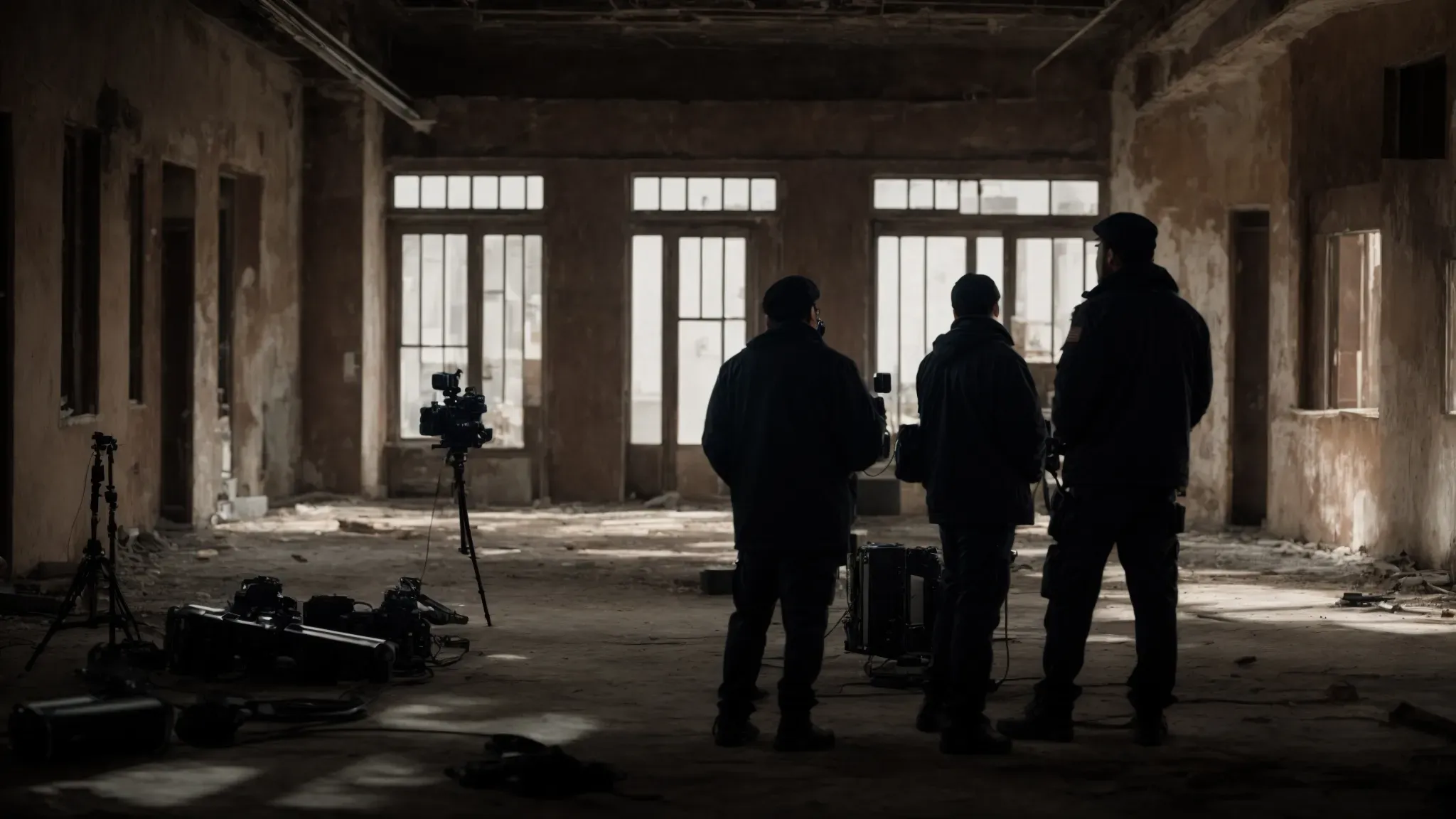 a director shouts action to a film crew shooting a scene in an abandoned building, unaware of shadowy figures approaching from behind.