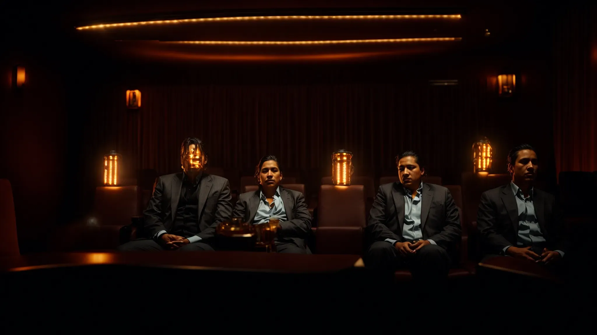 a shadowy cinema room lights up with scenes of grotesque transformation, casting an unsettling glow on captivated faces.