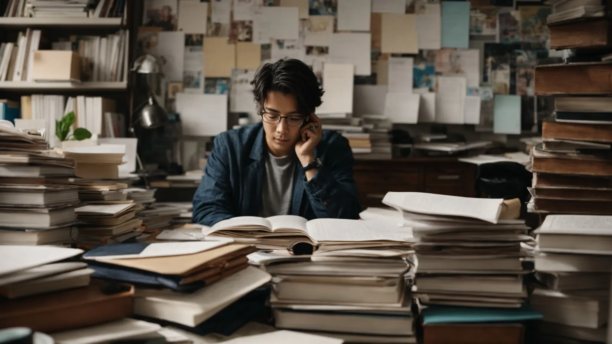 a person sits at a cluttered desk, surrounded by books and papers, staring thoughtfully at a blank screen with a notebook open beside them.