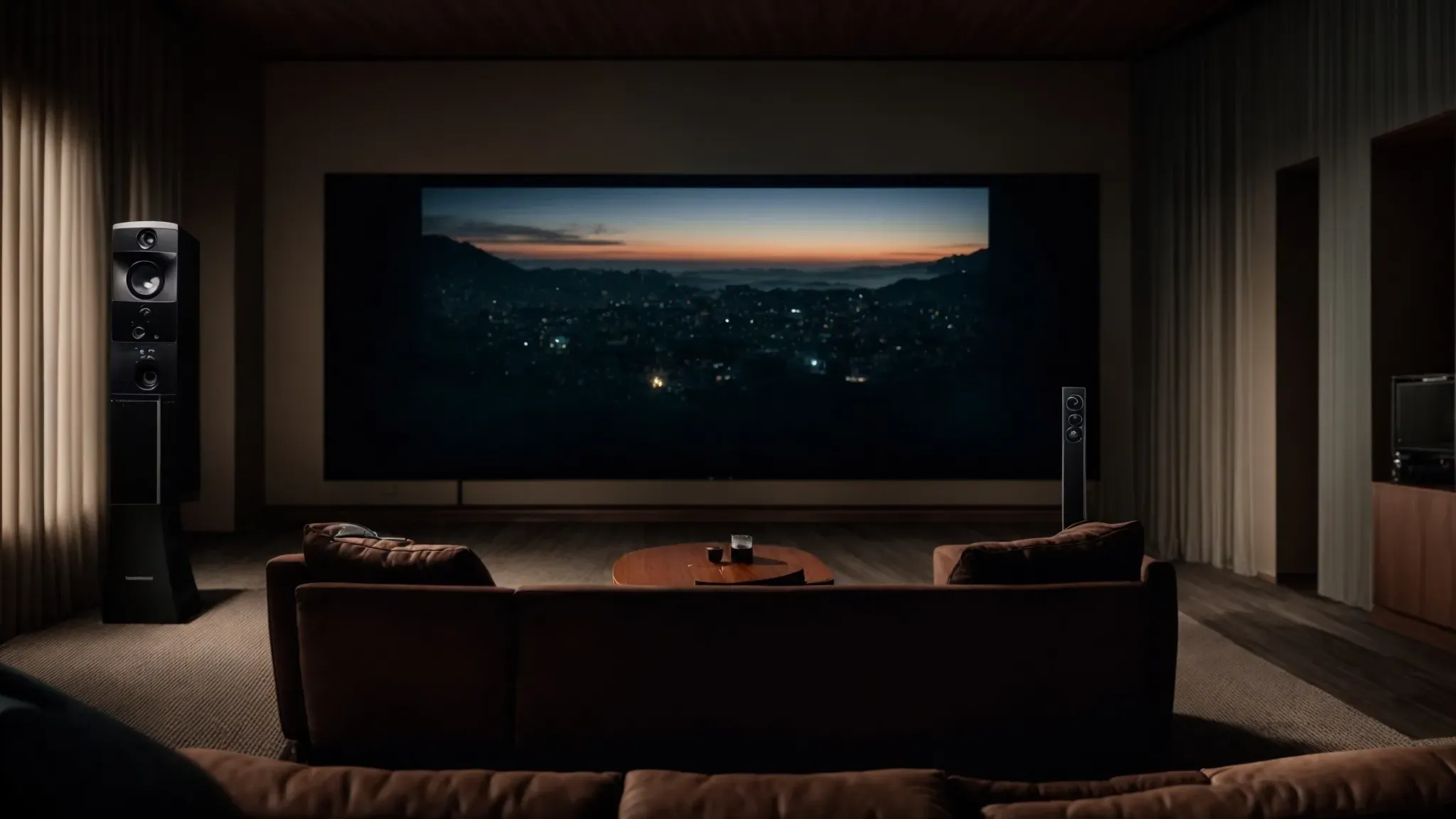a panoramic view of a darkened home theater room with a large screen showing a blurred movie scene and a remote control resting on a nearby table, symbolizing the digital age of streaming and content control.