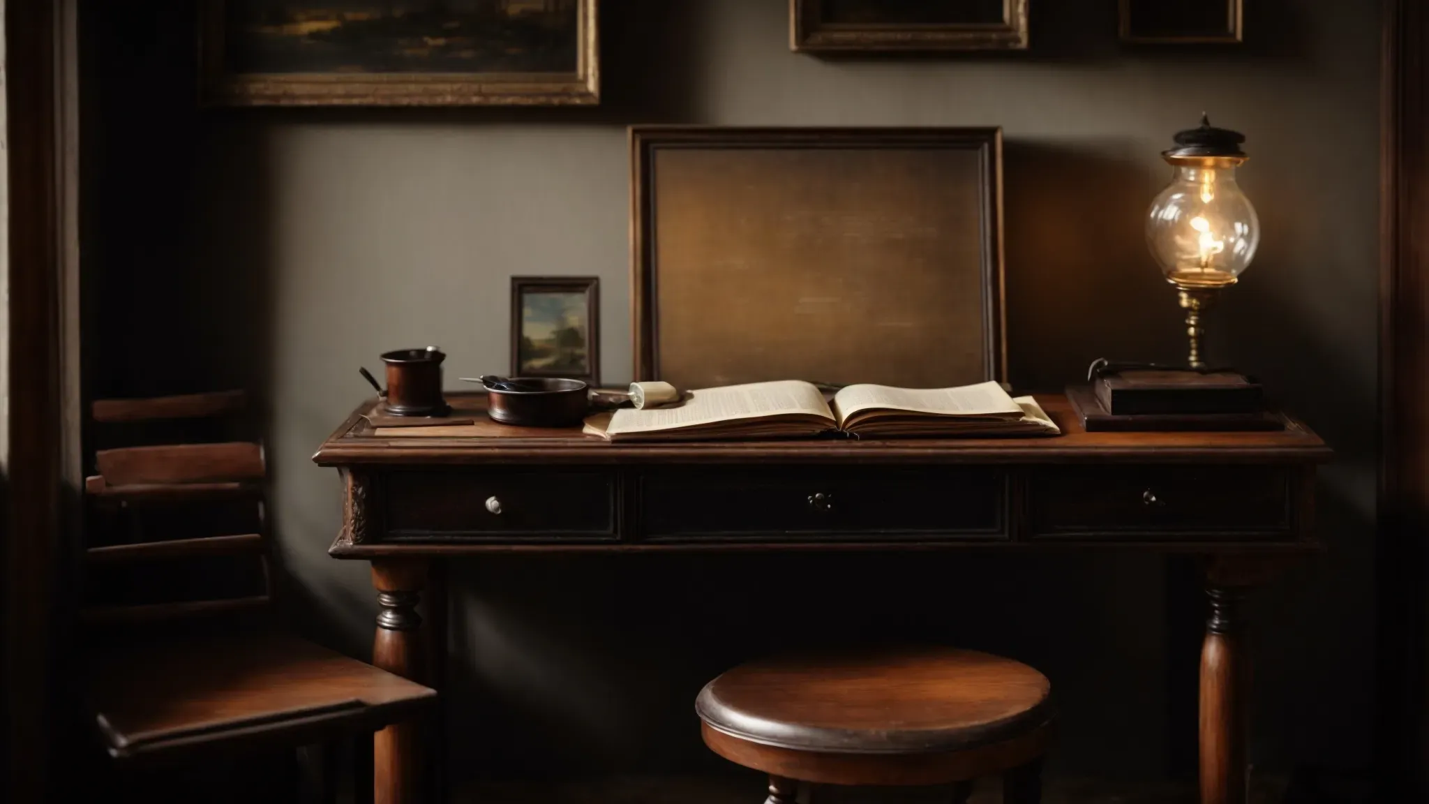 a dimly lit room with an antique writing desk, quill, and inkwell, overlooked by oil paintings in heavy frames.