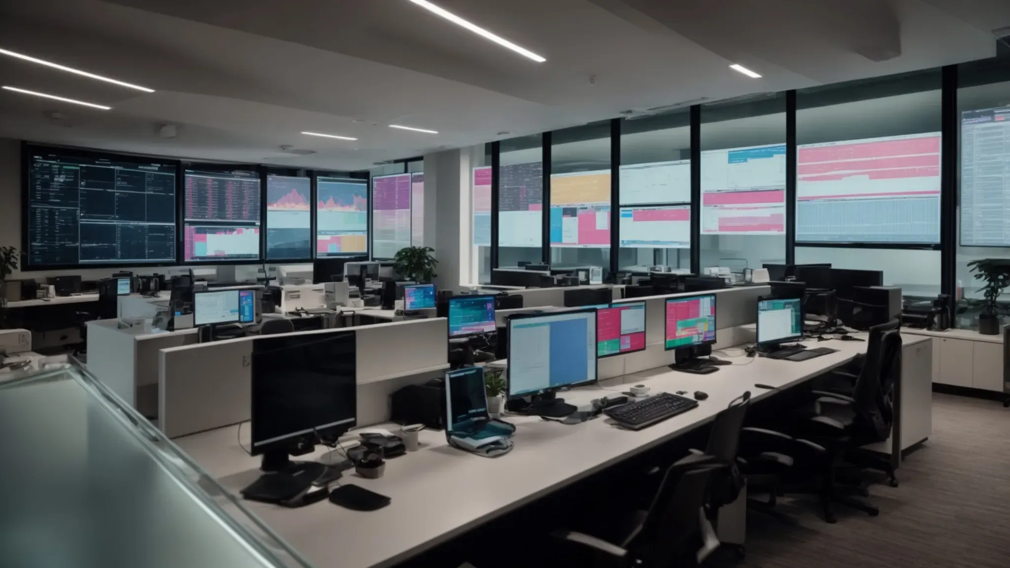 a wide view of a modern office with multiple computer screens displaying colorful graphs and flowcharts.