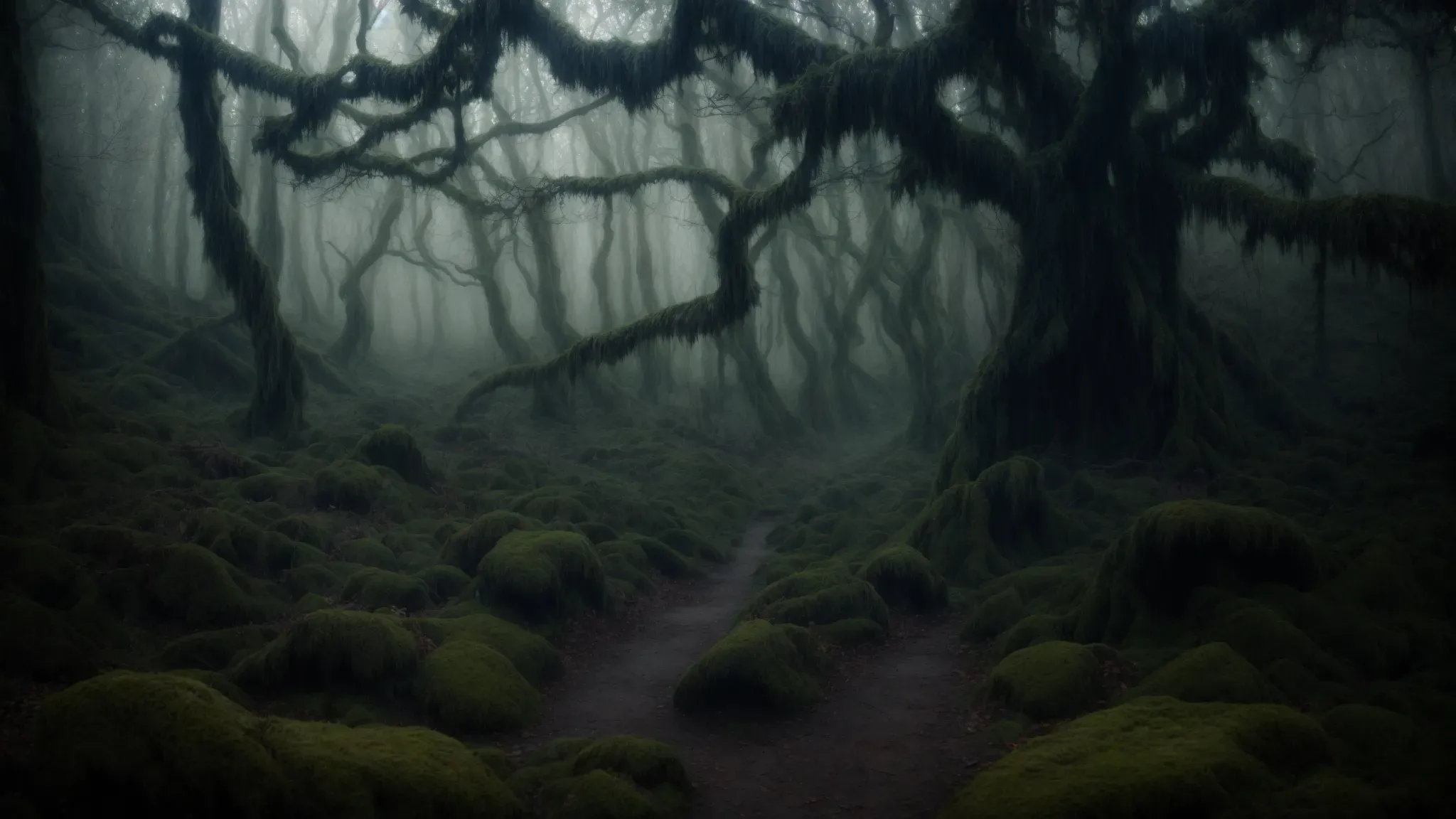 a mystical, dark fairy-tale forest setting that evokes the atmospheric fantasy elements often found in guillermo del toro's films.