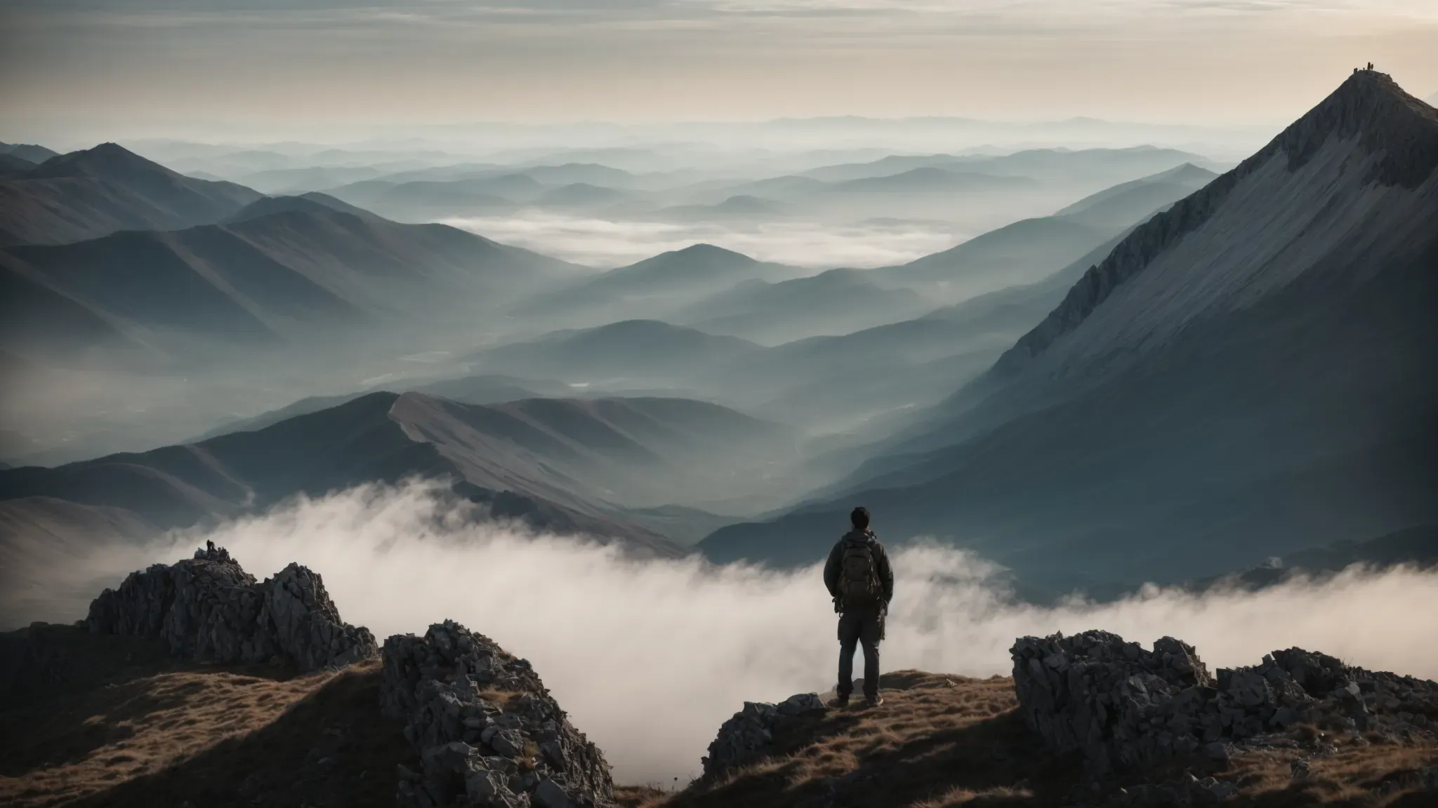 a solitary figure stands at the summit of a mountain, gazing out across a vast landscape, symbolizing the achievement of financial freedom through strategic debt elimination.