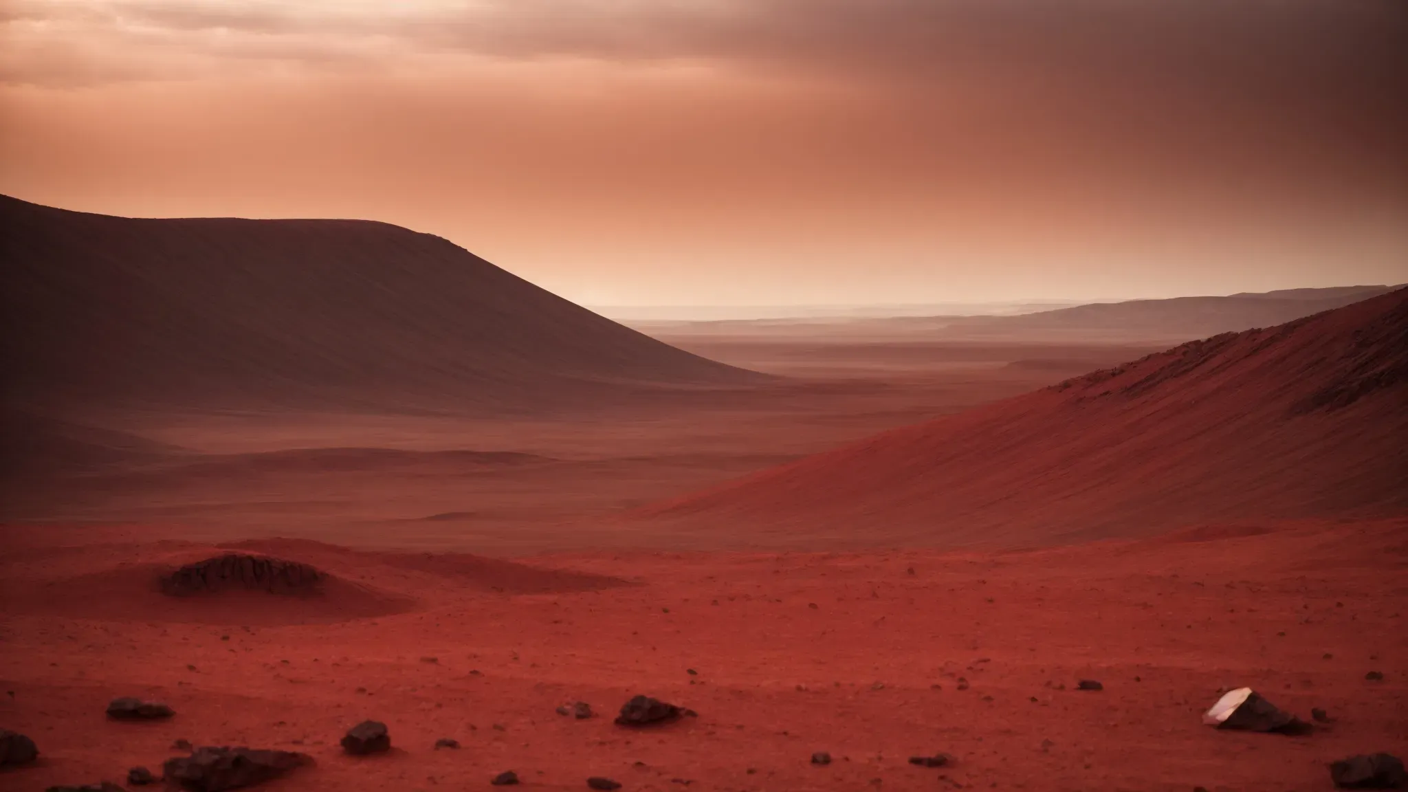 a barren, red martian landscape stretches towards the horizon under a pale sky.