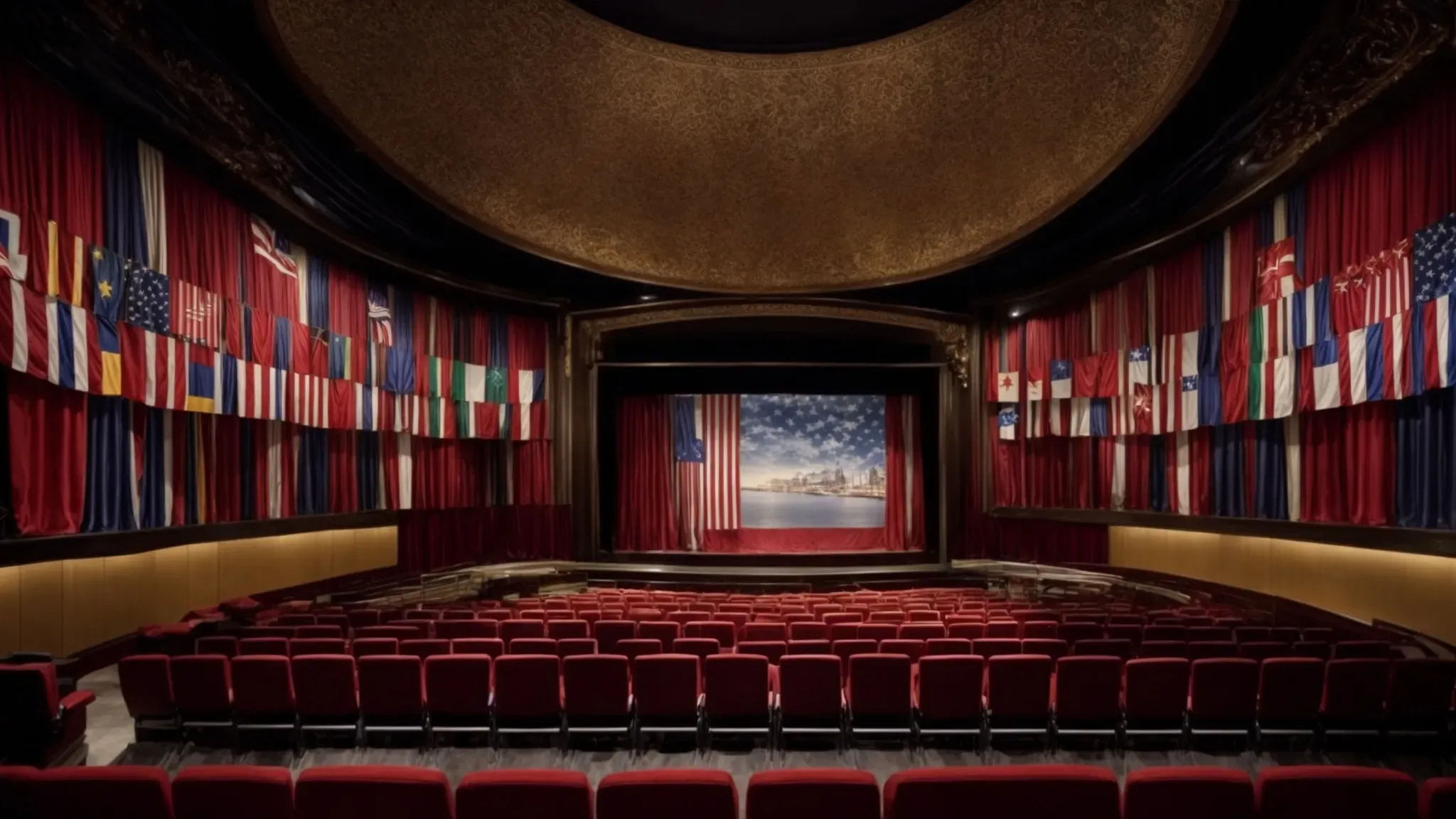 a theater with international flags draped along its opulent walls, hosting an array of silver screen projections from around the world.